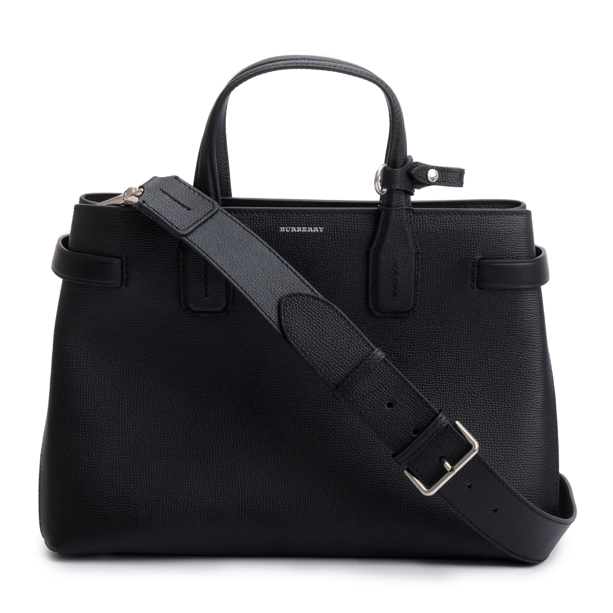 Burberry Black Calfskin Leather House Check Medium Banner Tote w/ Strap