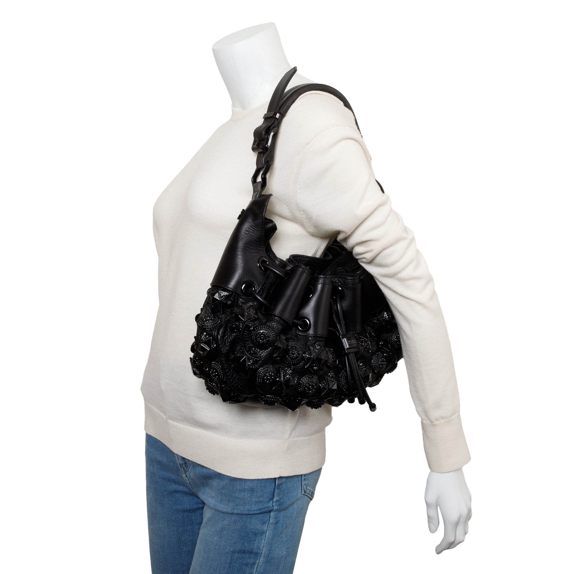 Burberry Black Calfskin Leather Mason Warrior Studded Hobo w/ Box