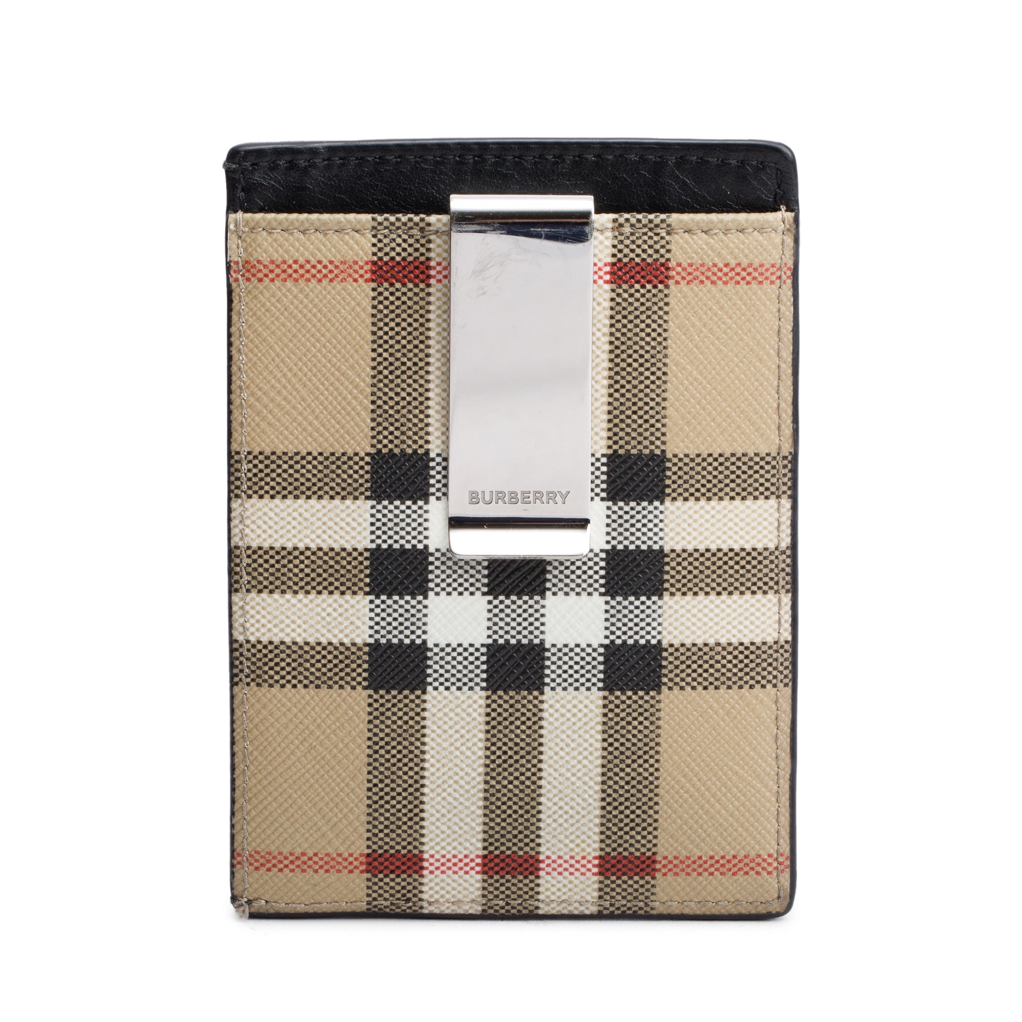 Burberry Black Calfskin Leather Vintage Check Money Clip Card Holder