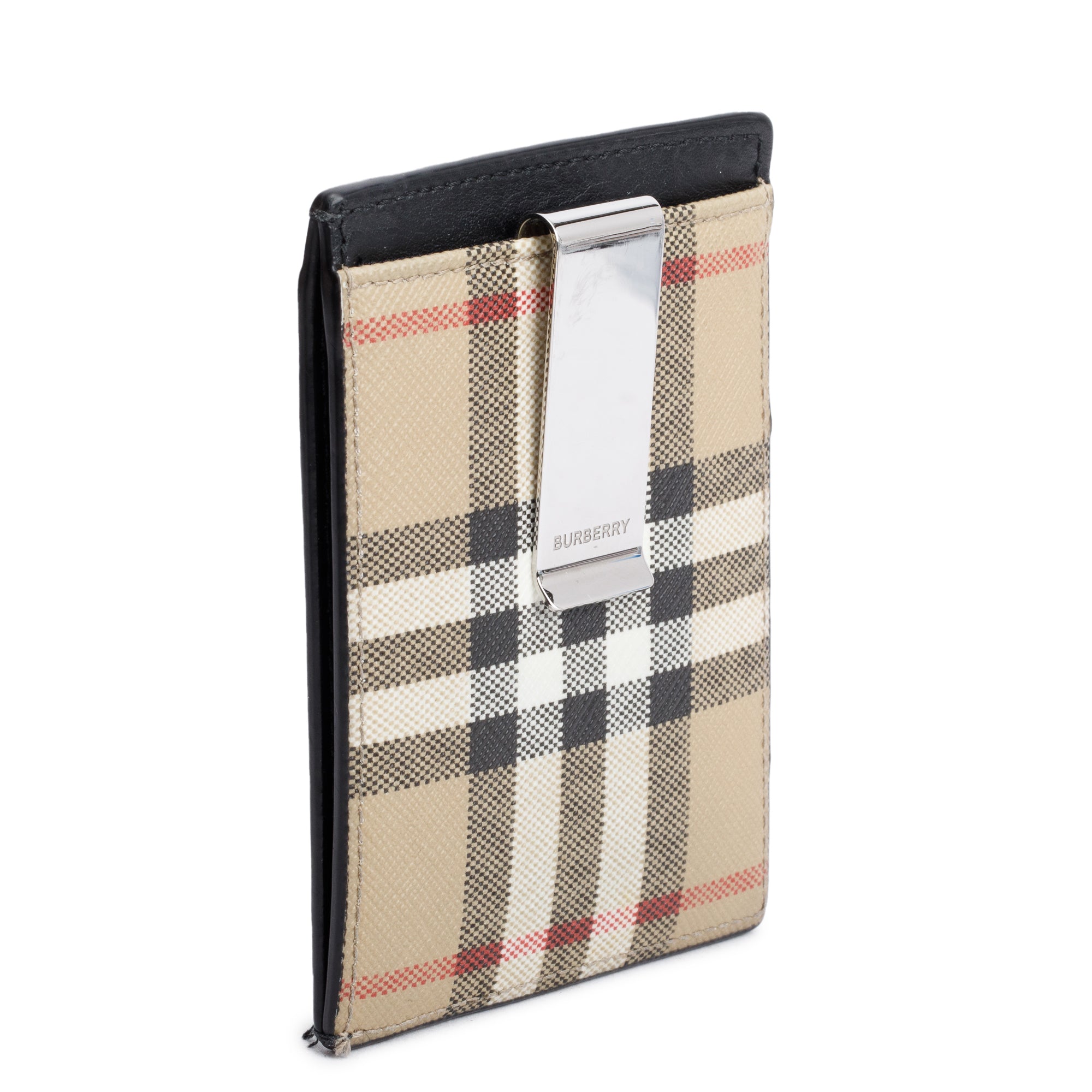 Burberry Black Calfskin Leather Vintage Check Money Clip Card Holder