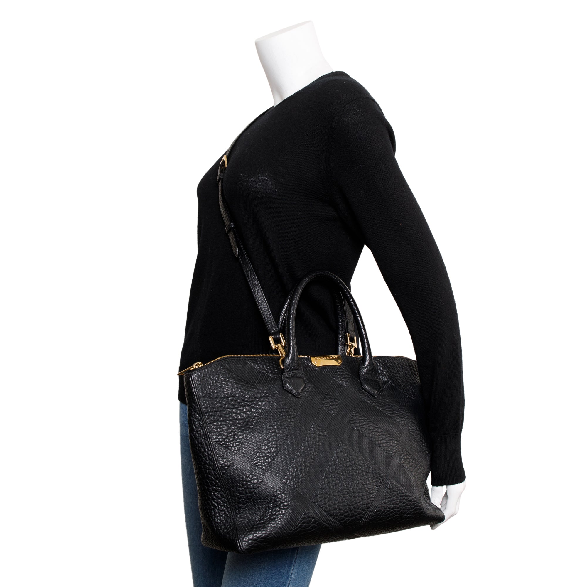 Burberry Black Check Embossed Leather Medium Dewsbury Convertible Tote w/ Strap