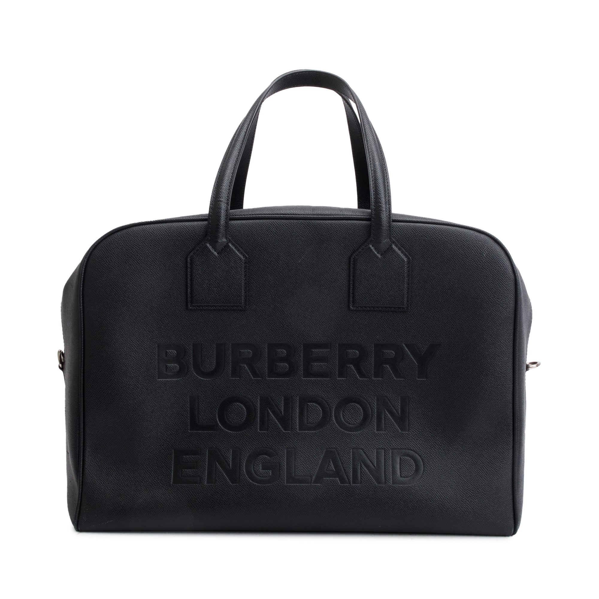 Burberry Black Grained Calfskin Leather Logo Embossed Weekender Bag