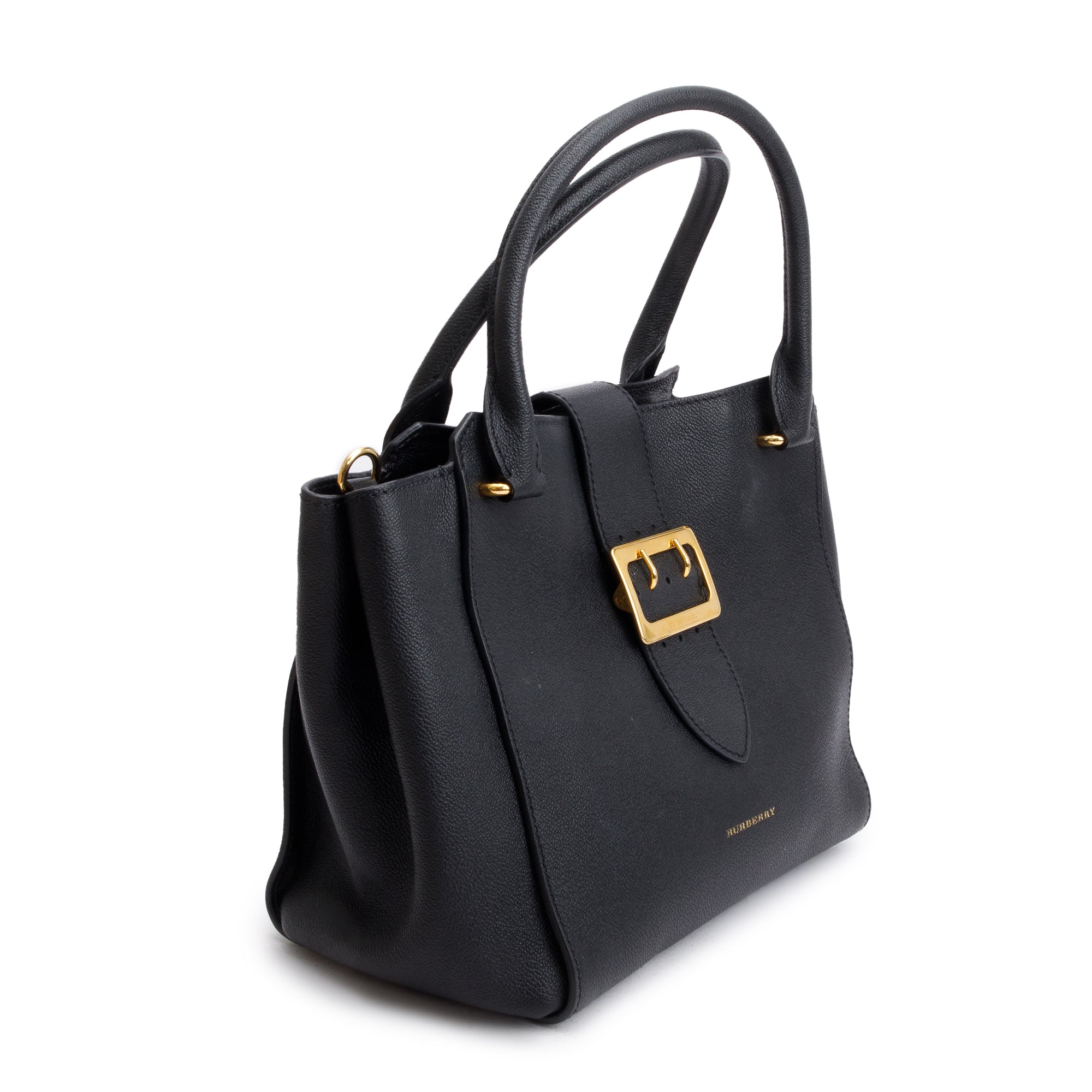 Burberry Black Grained Calfskin Leather Medium Buckle Tote Bag w/ Strap & Box