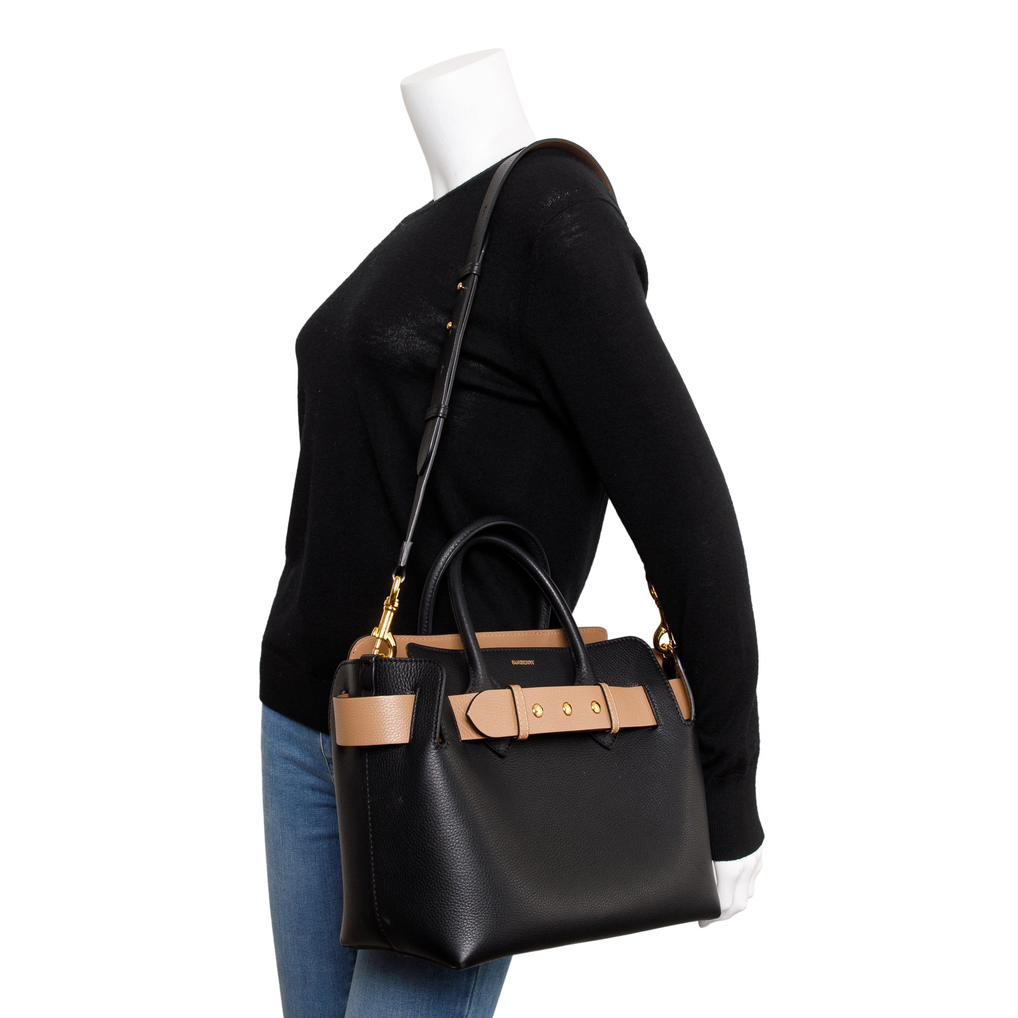 Burberry Black Grained Calfskin Leather Small Belt Tote Bag w/ Strap