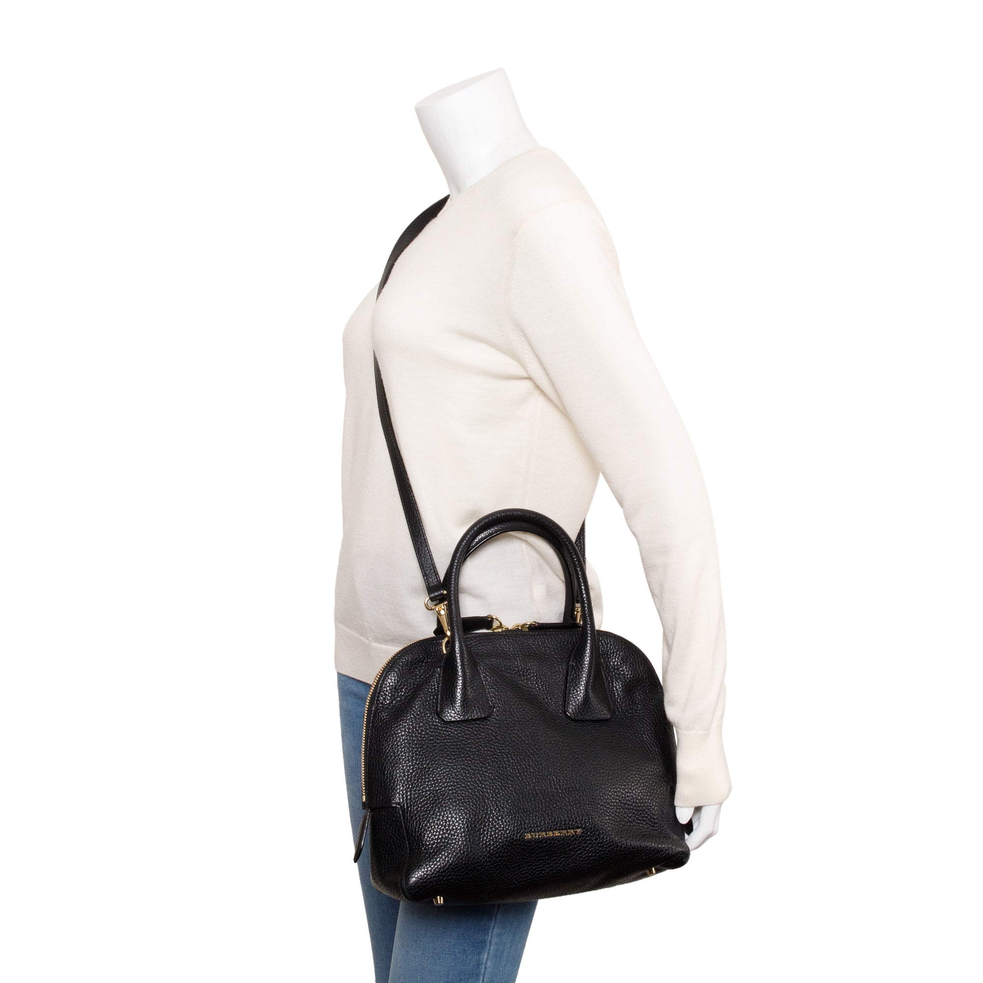 Burberry Black Grained Leather Greenwood Small Bowling Bag w/ Strap