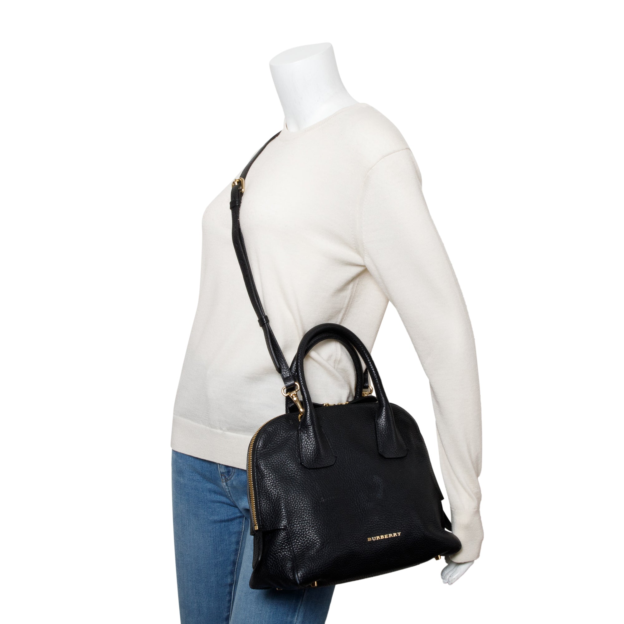 Burberry Black Grained Leather Greenwood Small Bowling Bag w/ Strap