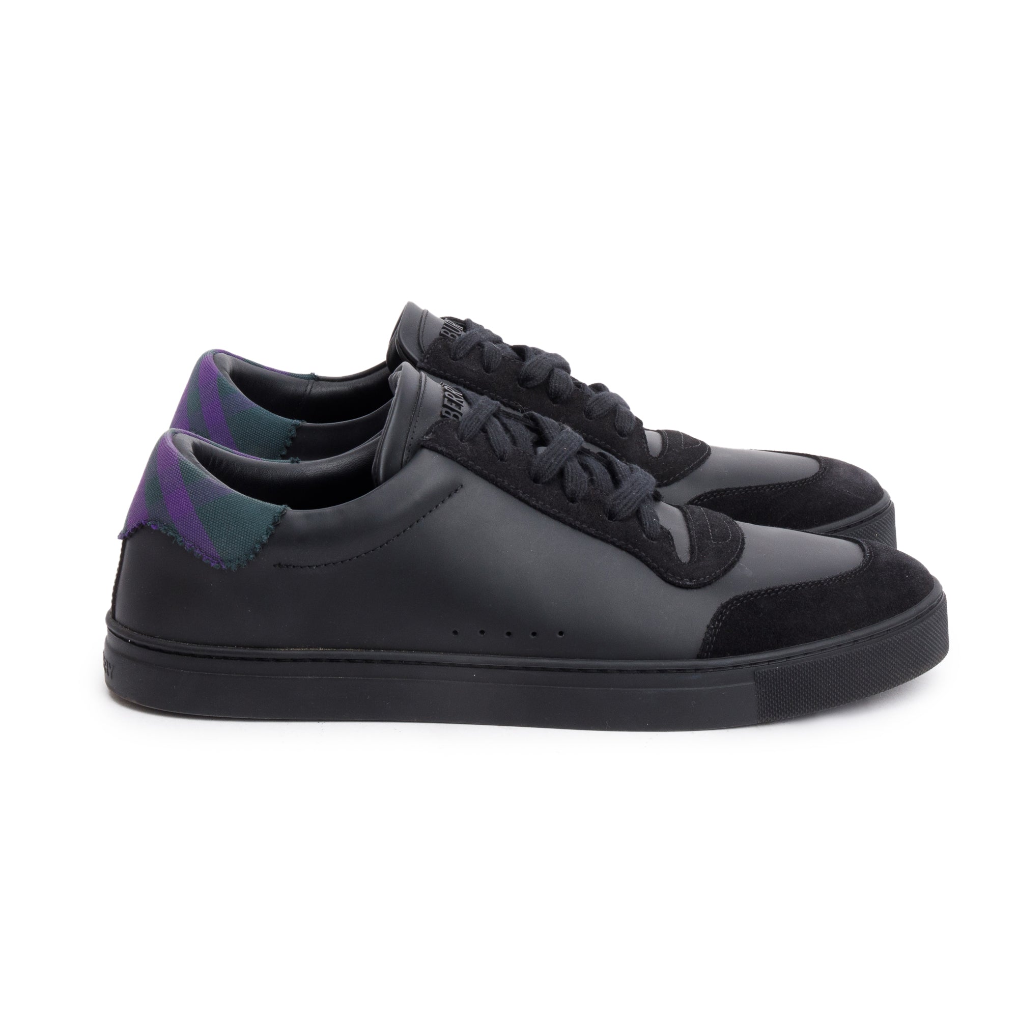 Burberry Black Leather Suede Purple Check Canvas Robin Sneakers, Size 45