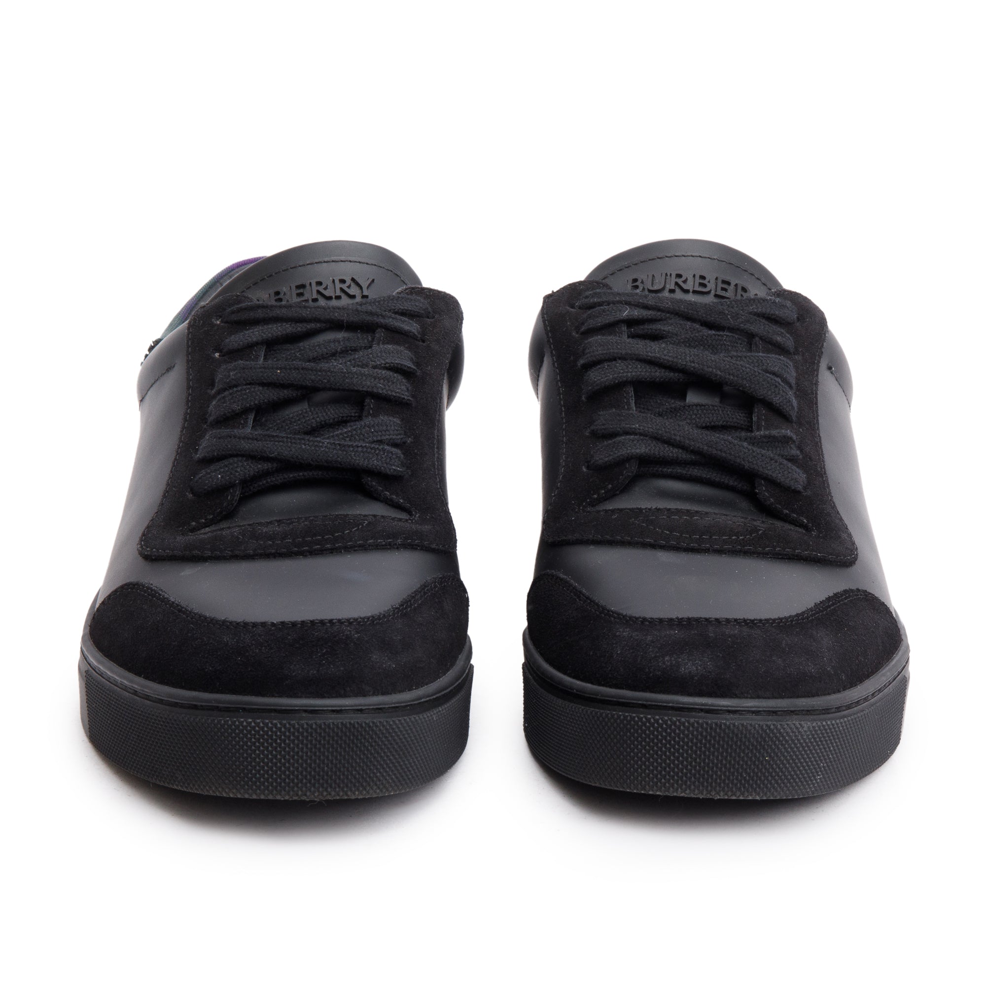 Burberry Black Leather Suede Purple Check Canvas Robin Sneakers, Size 45