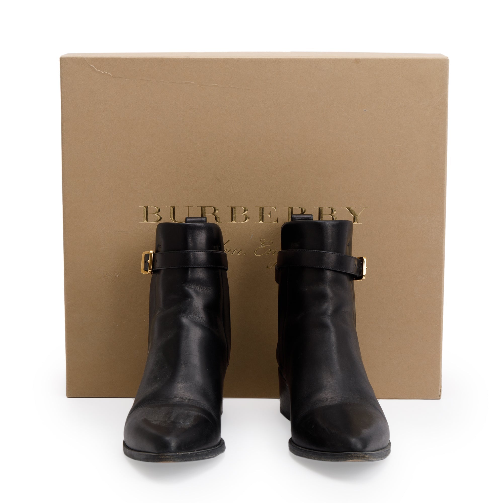 Burberry Black Leather Whittingham Ankle Boots, Size 37.5 w/ Box