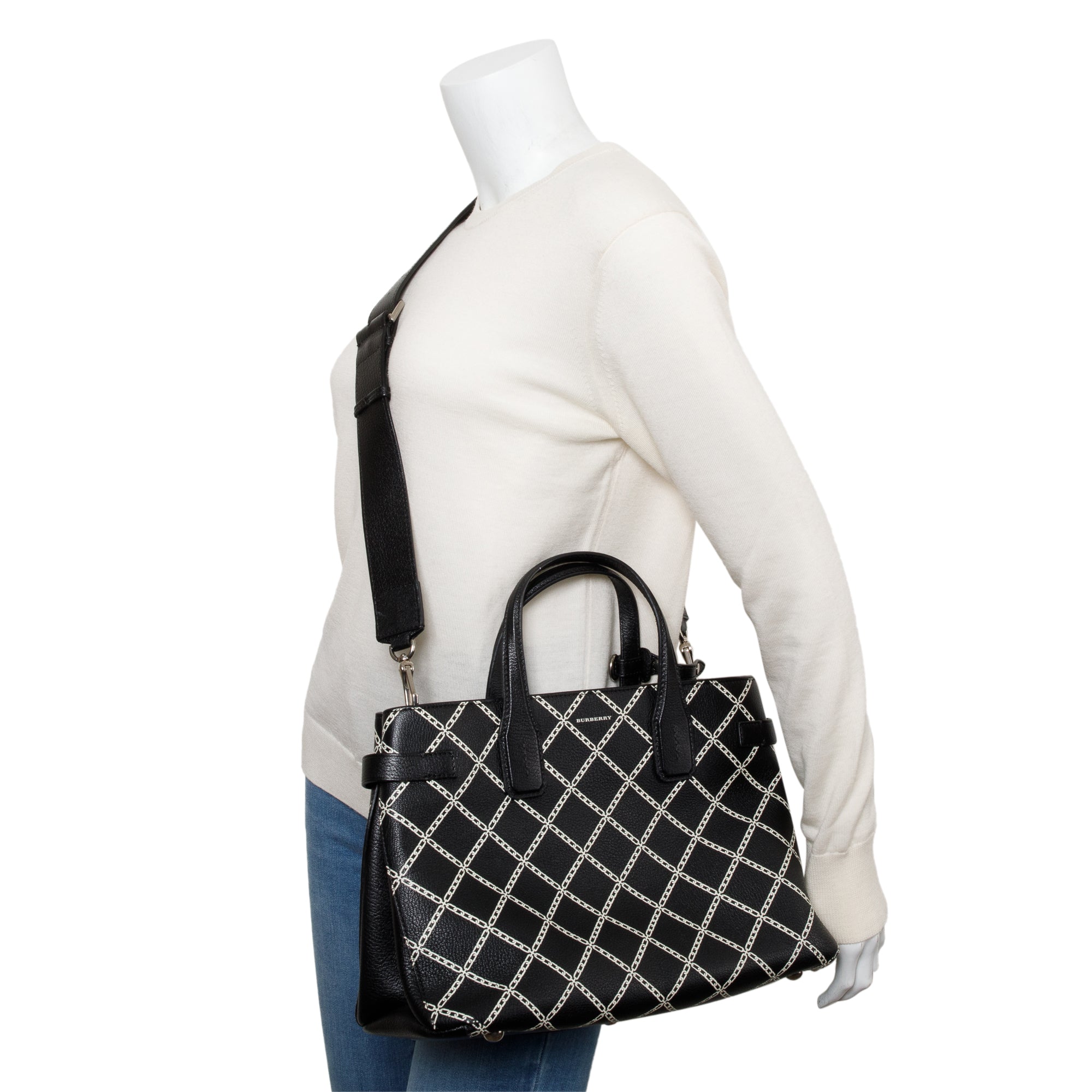 Burberry Black Printed Calfskin Leather Medium Banner NM Tote w/ Strap