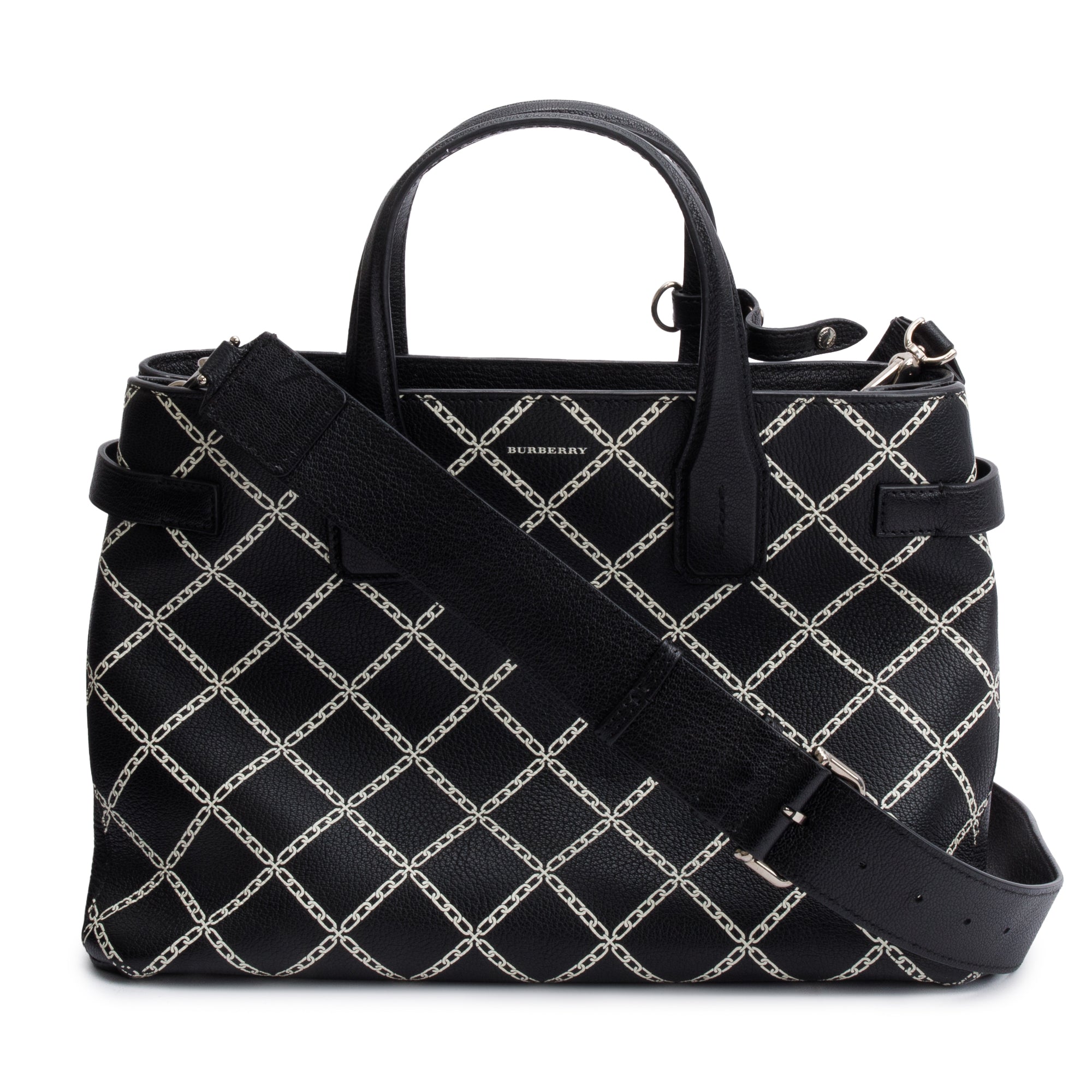 Burberry Black Printed Calfskin Leather Medium Banner NM Tote w/ Strap