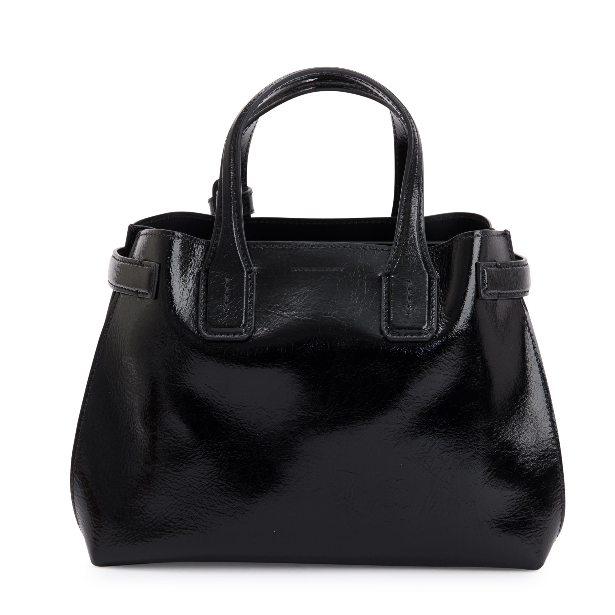 Burberry Black Shiny Soft Calfskin Leather Small Banner Tote w/ Strap