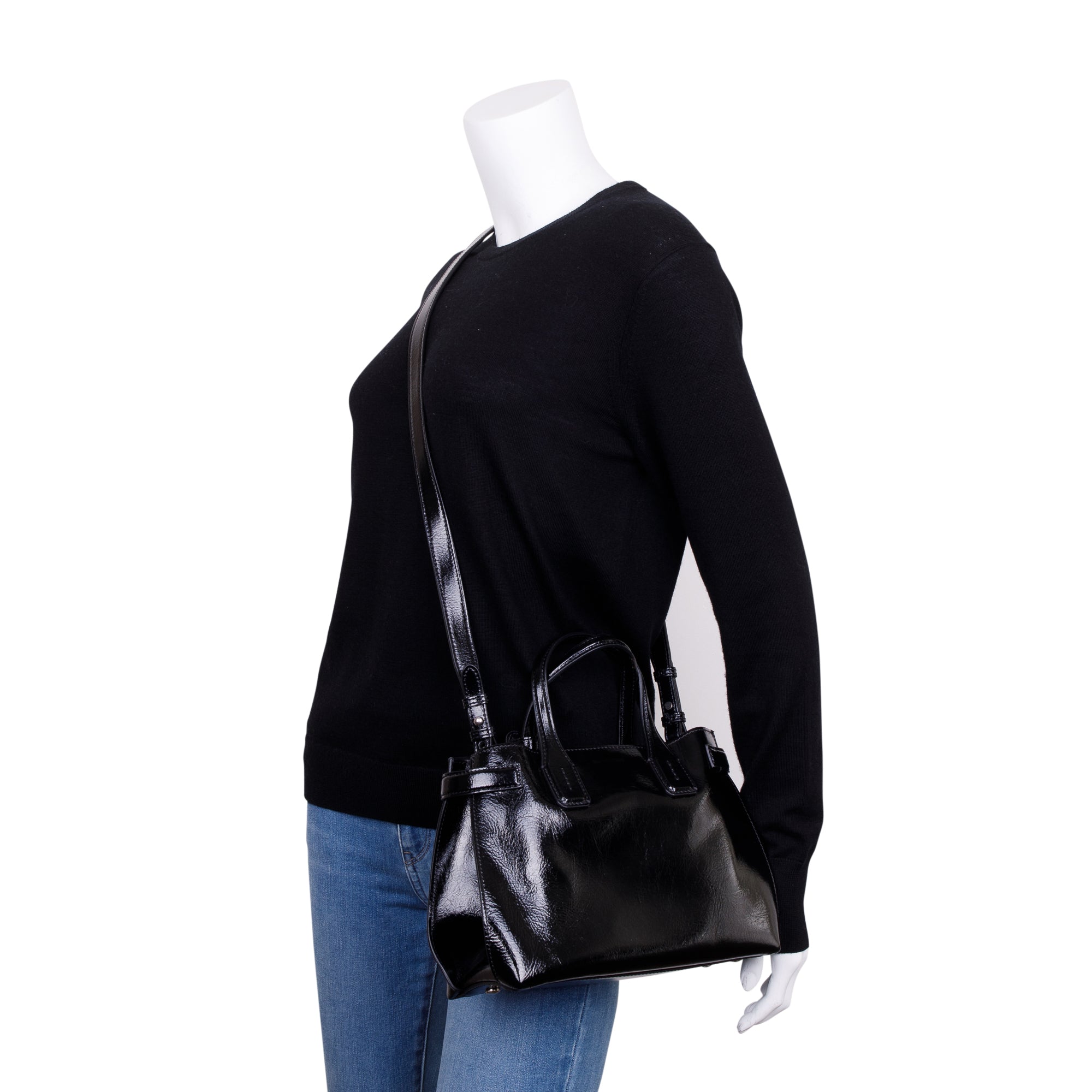 Burberry Black Shiny Soft Calfskin Leather Small Banner Tote w/ Strap