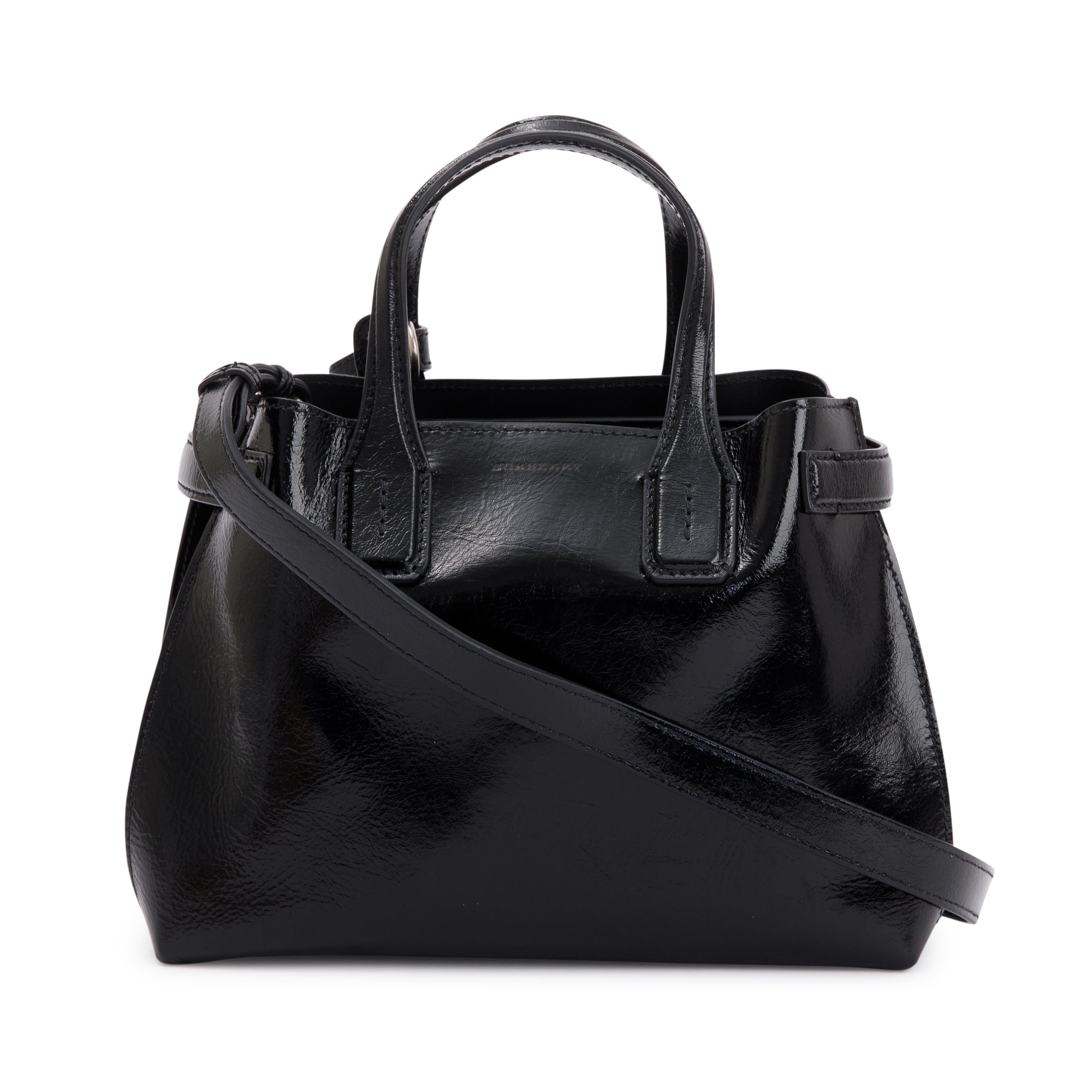 Burberry Black Shiny Soft Calfskin Leather Small Banner Tote w/ Strap