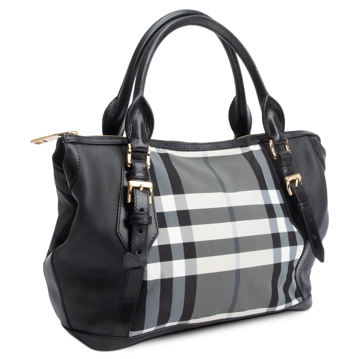 Burberry Black & White Beat Check Nylon Leather Trimmed Ellers Tote Bag