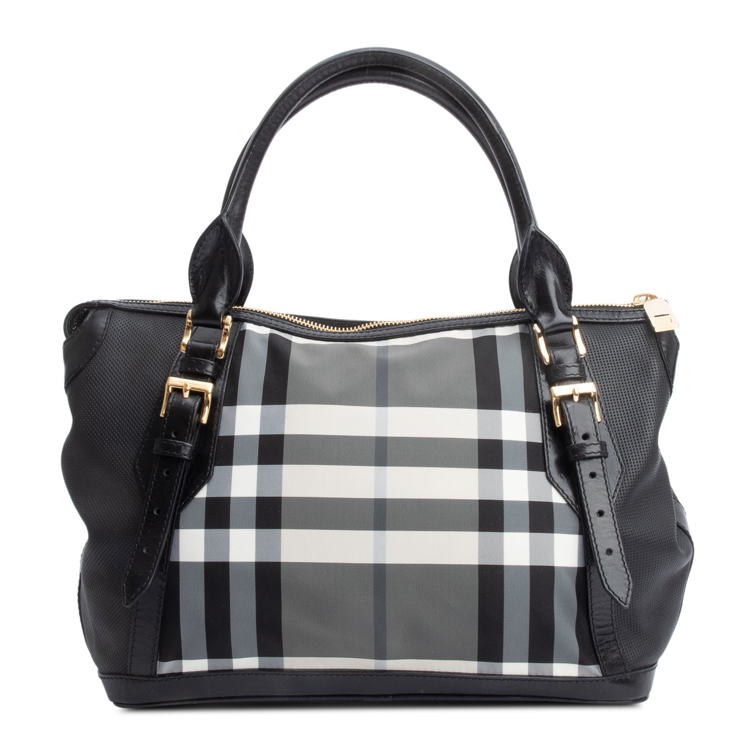 Burberry Black & White Beat Check Nylon Leather Trimmed Ellers Tote Bag