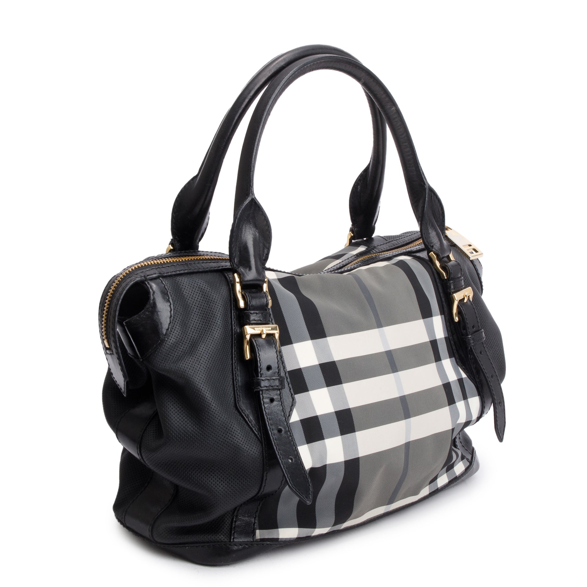 Burberry Black & White Beat Check Nylon Leather Trimmed Ellers Tote Bag