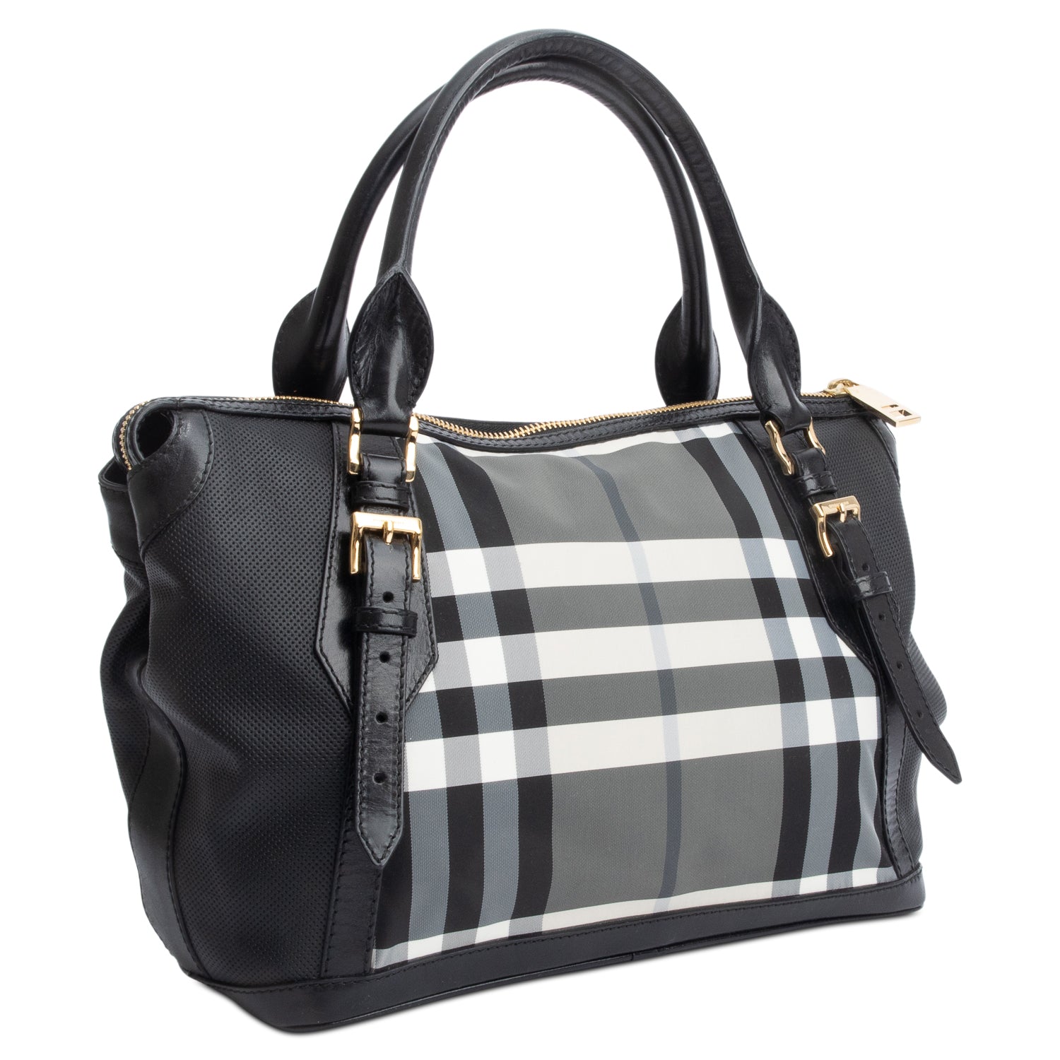 Burberry Black & White Beat Check Nylon Leather Trimmed Ellers Tote Bag