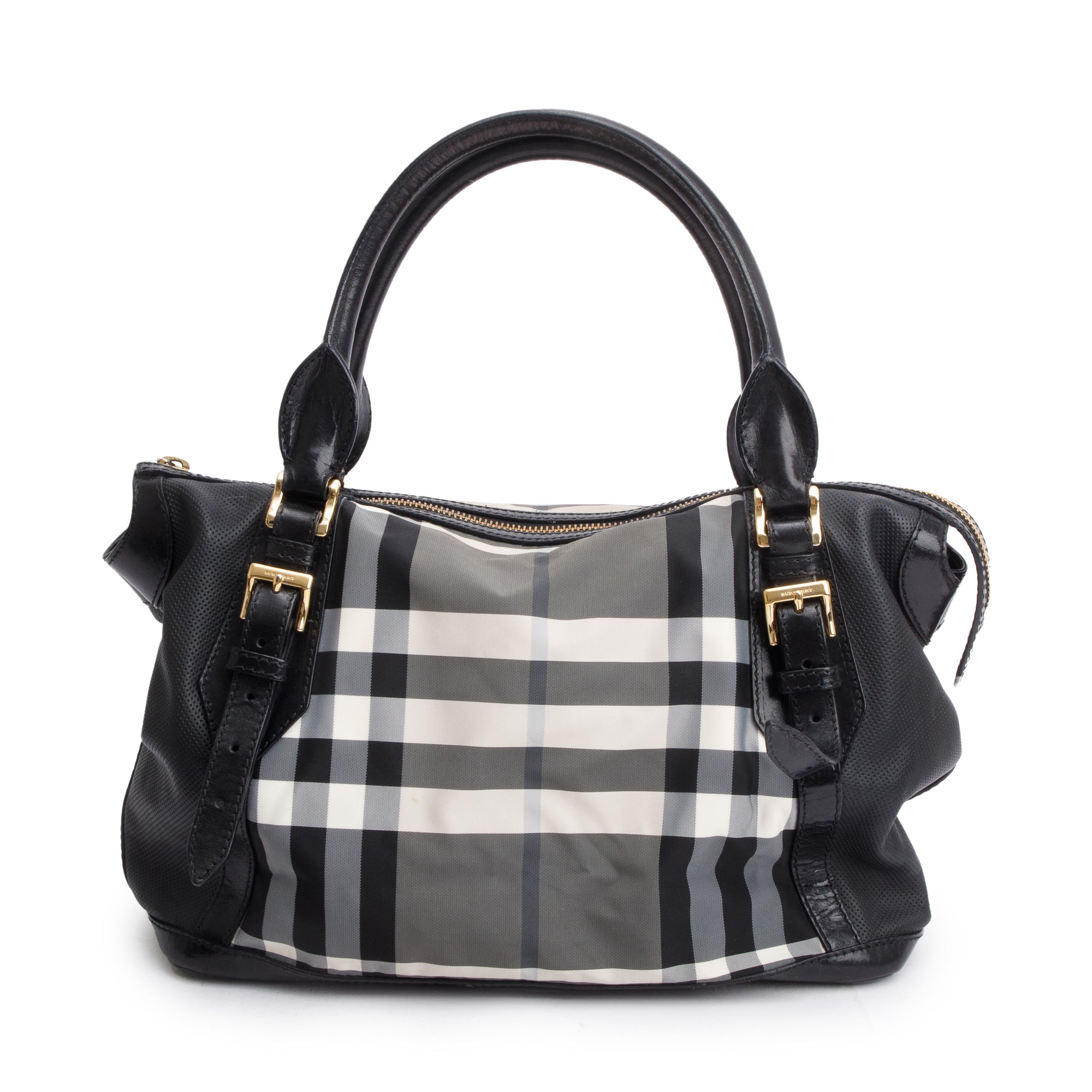 Burberry Black & White Beat Check Nylon Leather Trimmed Ellers Tote Bag