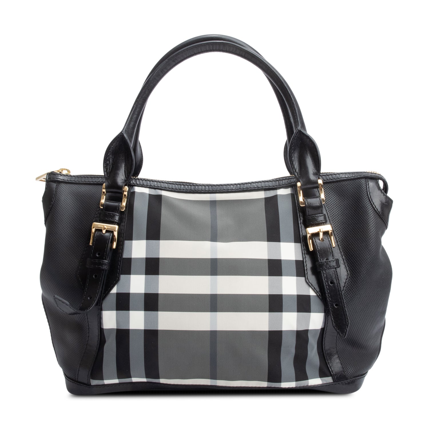Burberry Black & White Beat Check Nylon Leather Trimmed Ellers Tote Bag