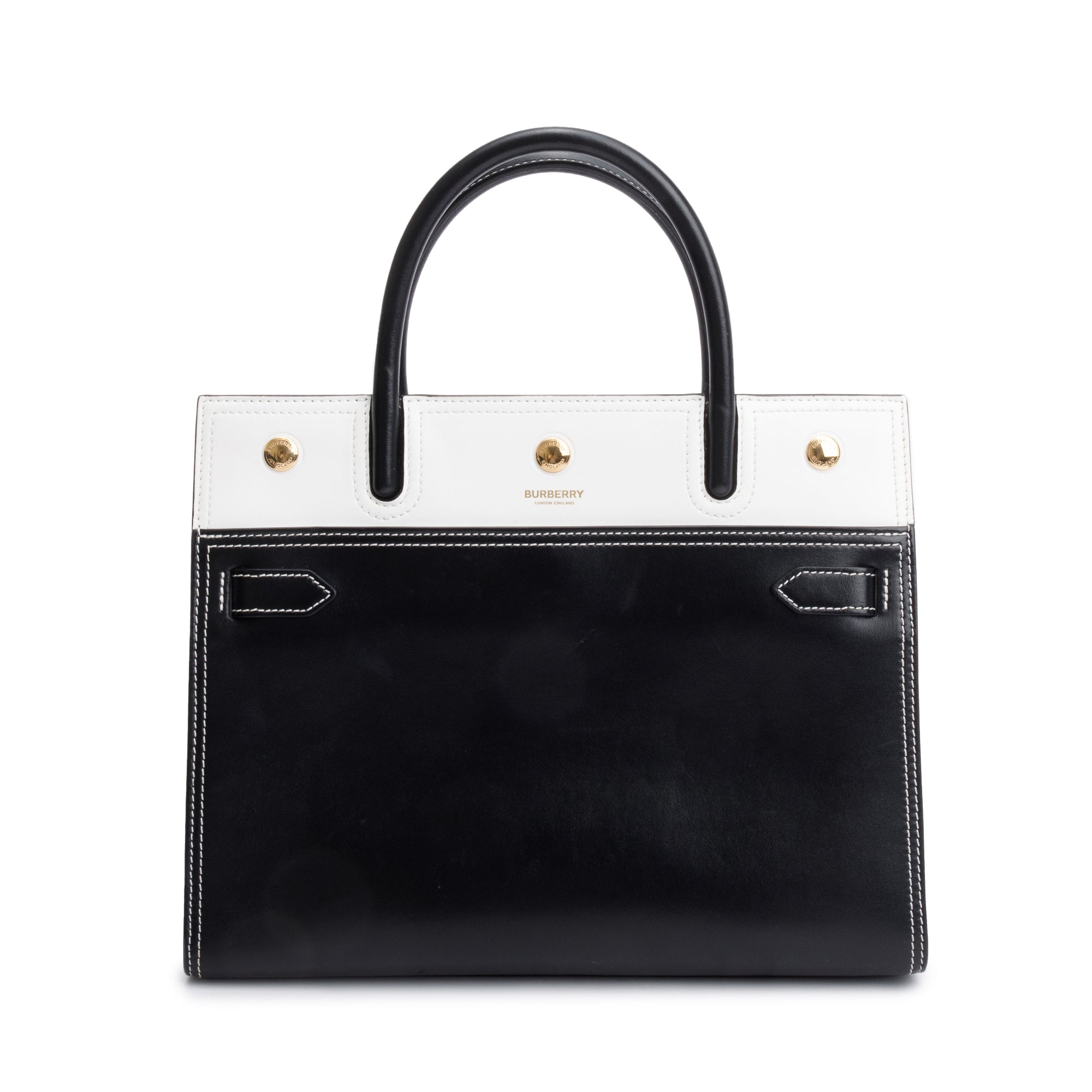 Burberry Black & White Calfskin Leather Small Two Handle Title Tote w/ Strap