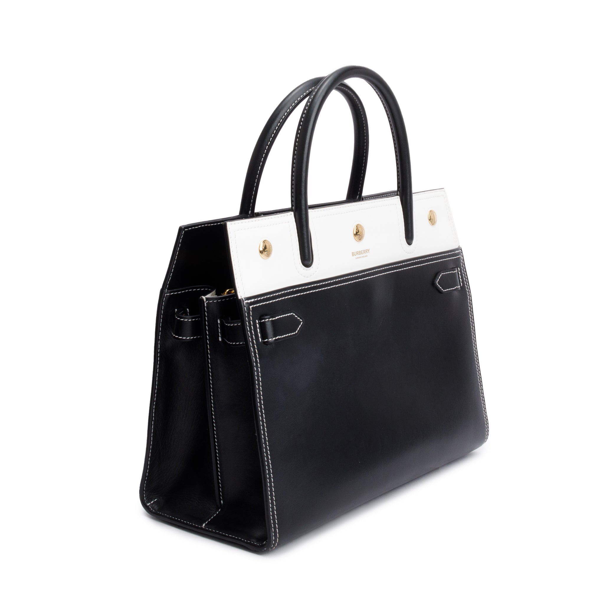 Burberry Black & White Calfskin Leather Small Two Handle Title Tote w/ Strap