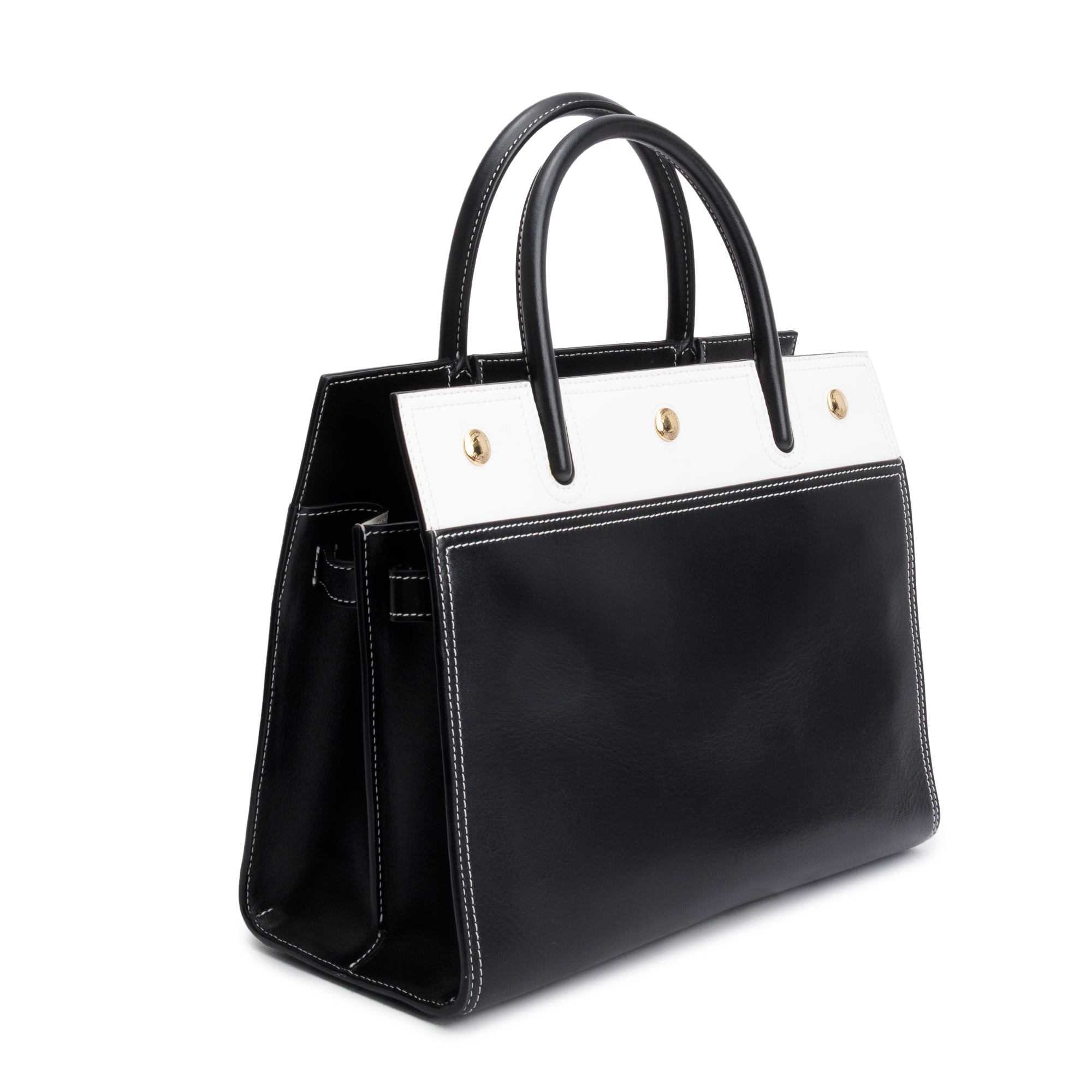 Burberry Black & White Calfskin Leather Small Two Handle Title Tote w/ Strap