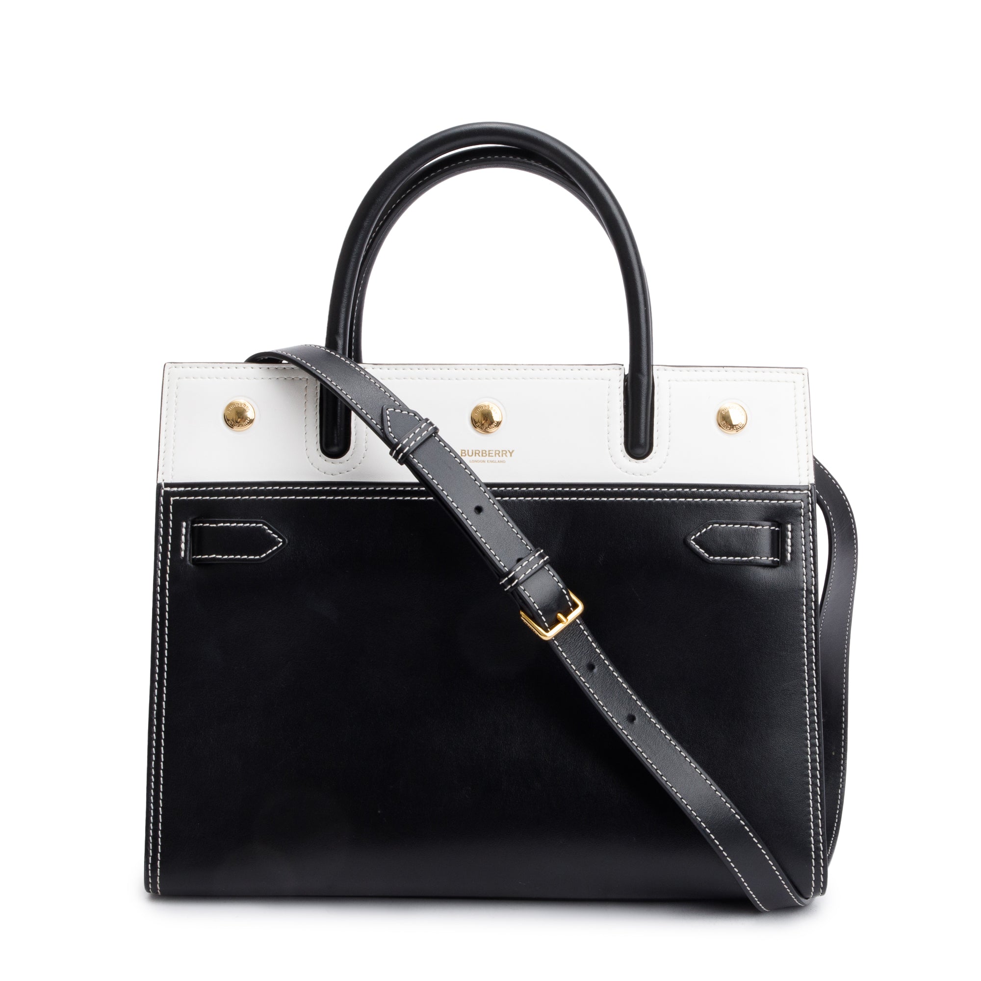 Burberry Black & White Calfskin Leather Small Two Handle Title Tote w/ Strap