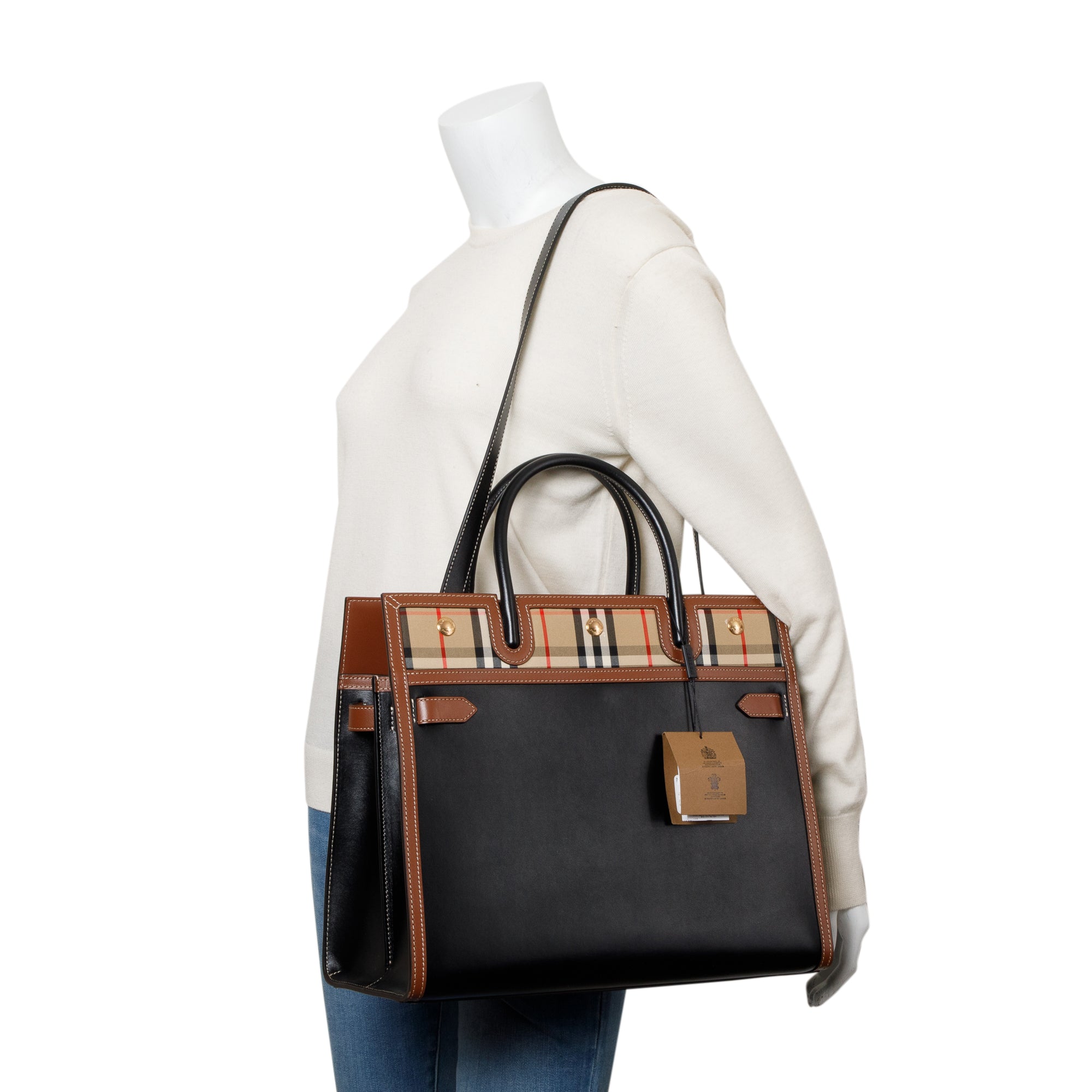 Burberry Black/Brown Calfskin Leather Vintage Check Trim Medium Two Handle Title Tote w/ Strap