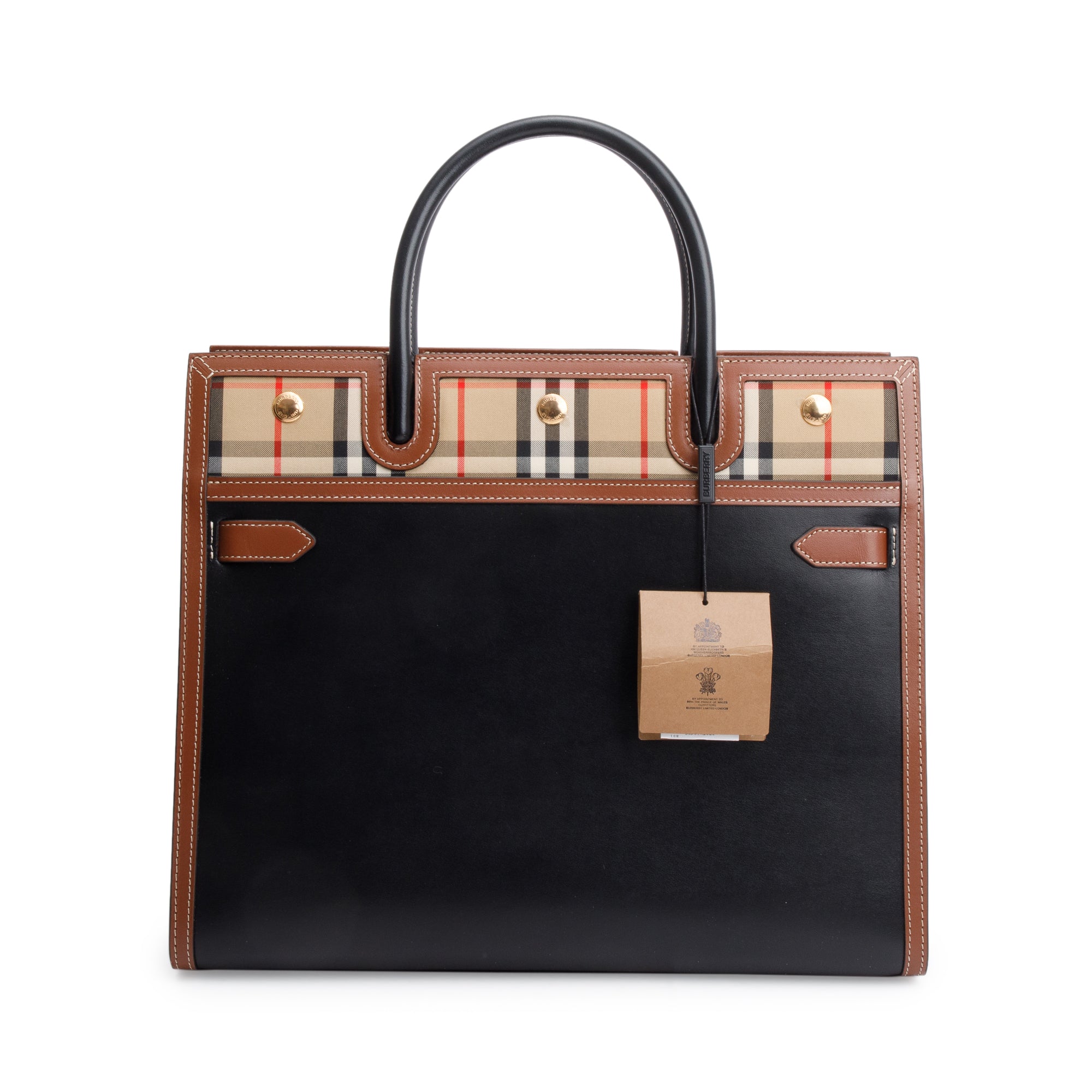 Burberry Black/Brown Calfskin Leather Vintage Check Trim Medium Two Handle Title Tote w/ Strap
