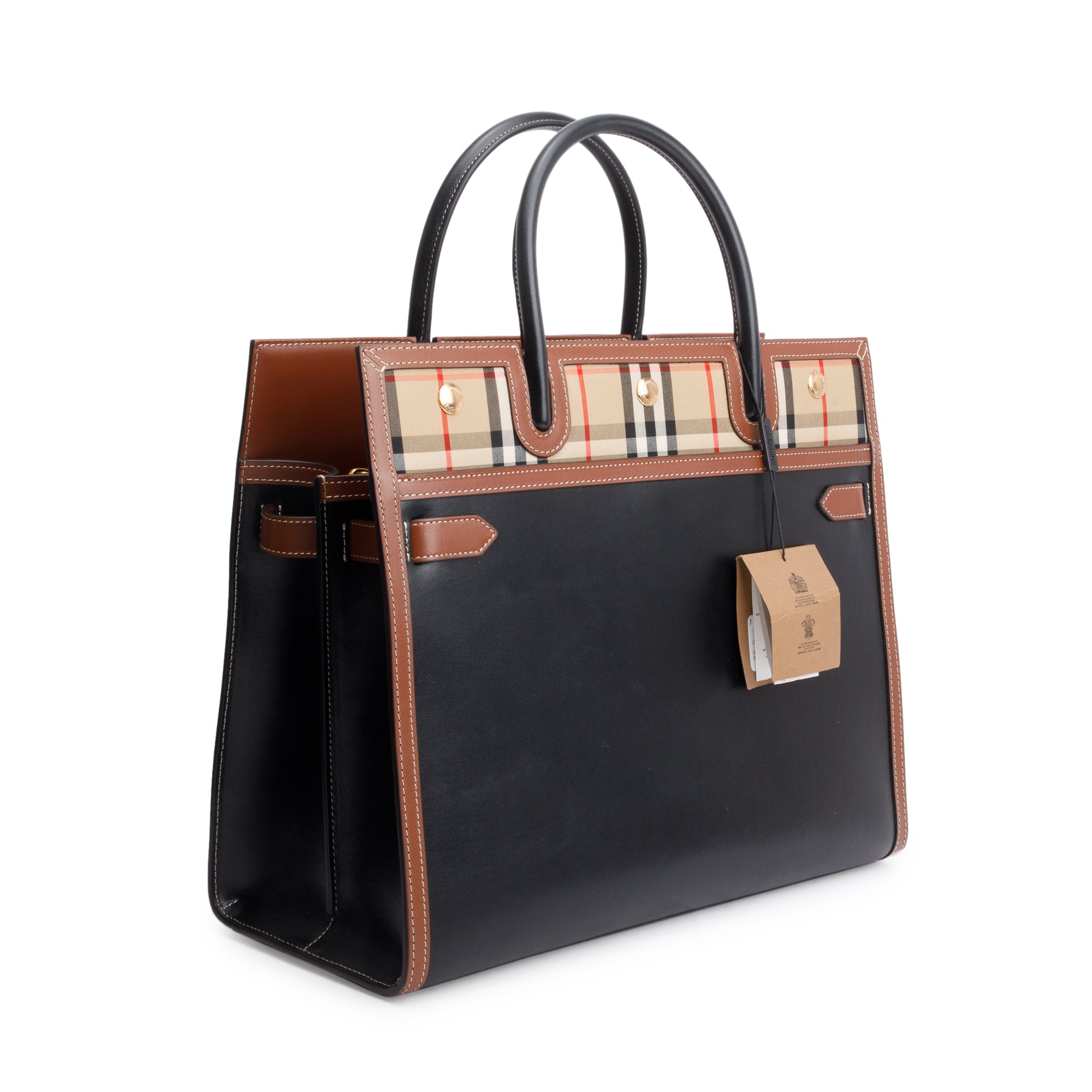 Burberry Black/Brown Calfskin Leather Vintage Check Trim Medium Two Handle Title Tote w/ Strap