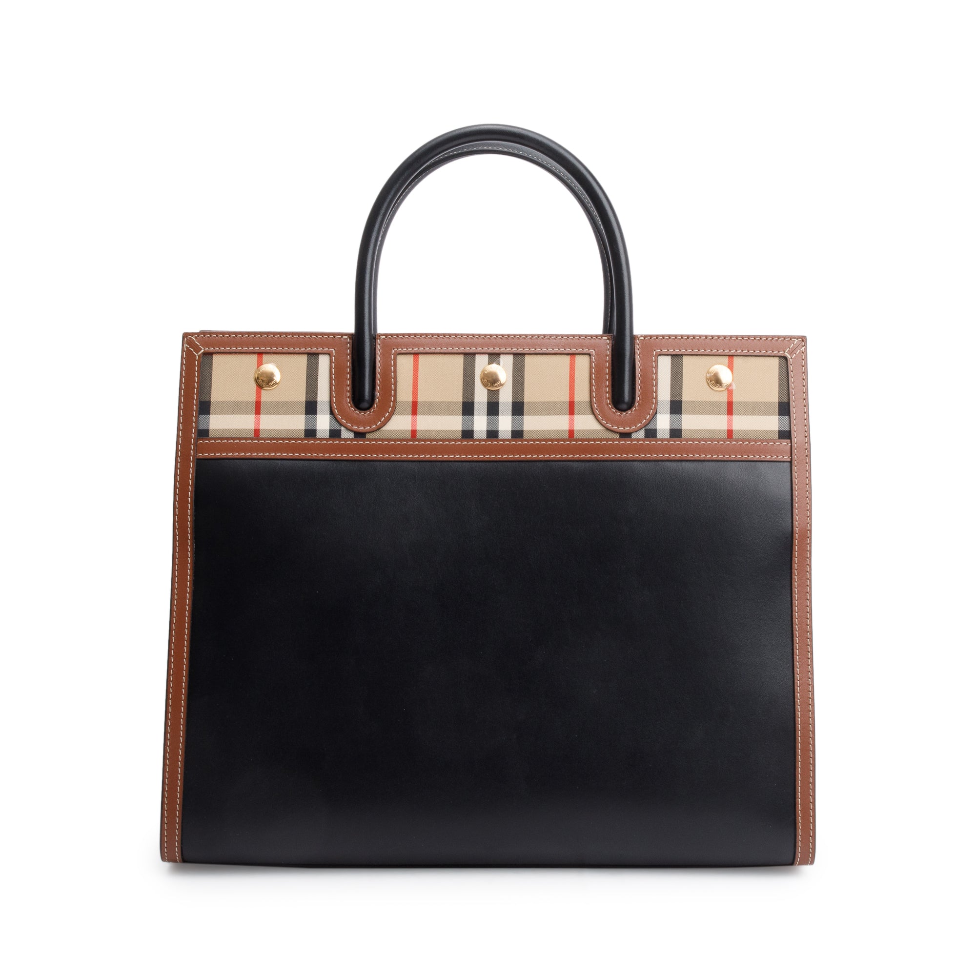 Burberry Black/Brown Calfskin Leather Vintage Check Trim Medium Two Handle Title Tote w/ Strap