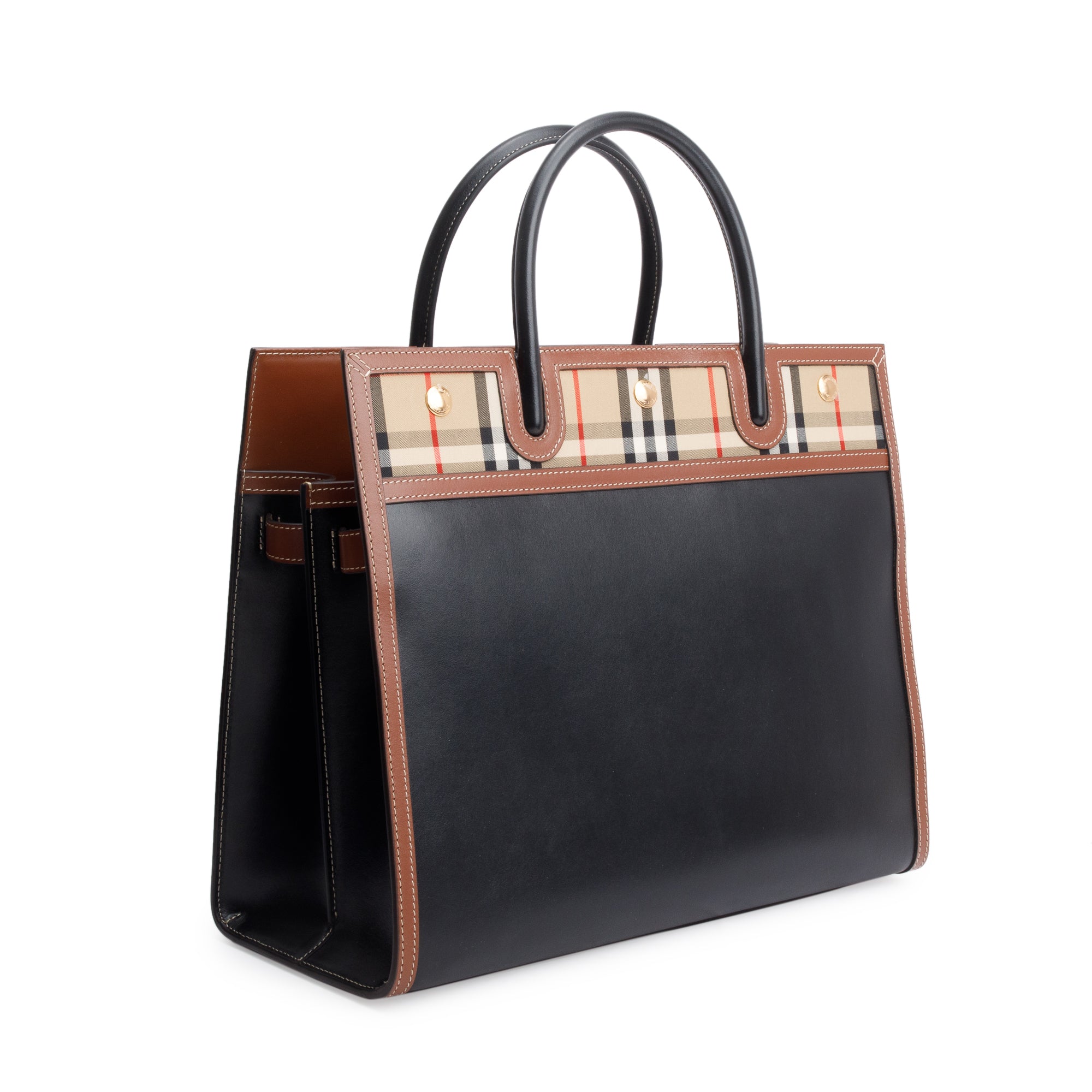 Burberry Black/Brown Calfskin Leather Vintage Check Trim Medium Two Handle Title Tote w/ Strap
