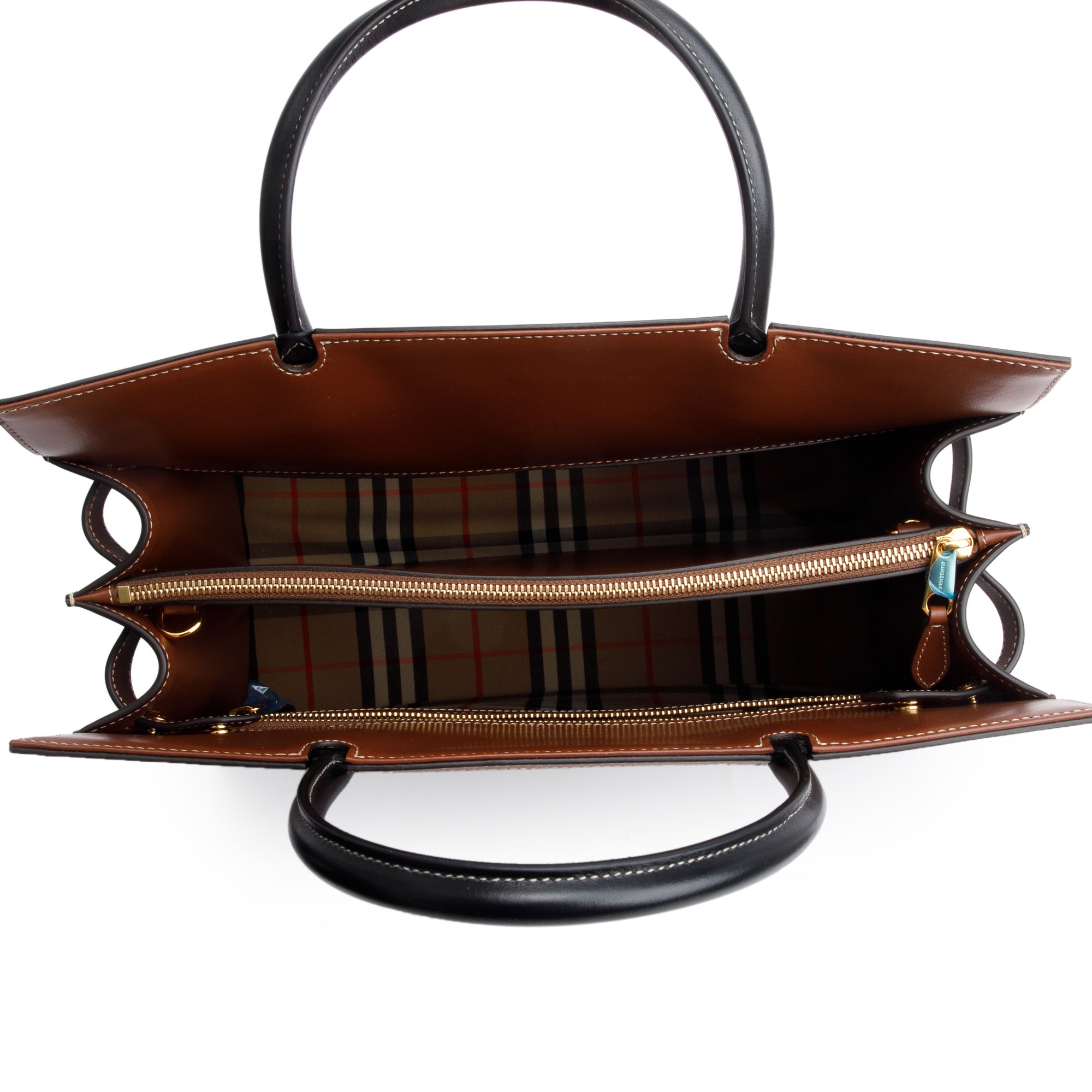 Burberry Black/Brown Calfskin Leather Vintage Check Trim Medium Two Handle Title Tote w/ Strap