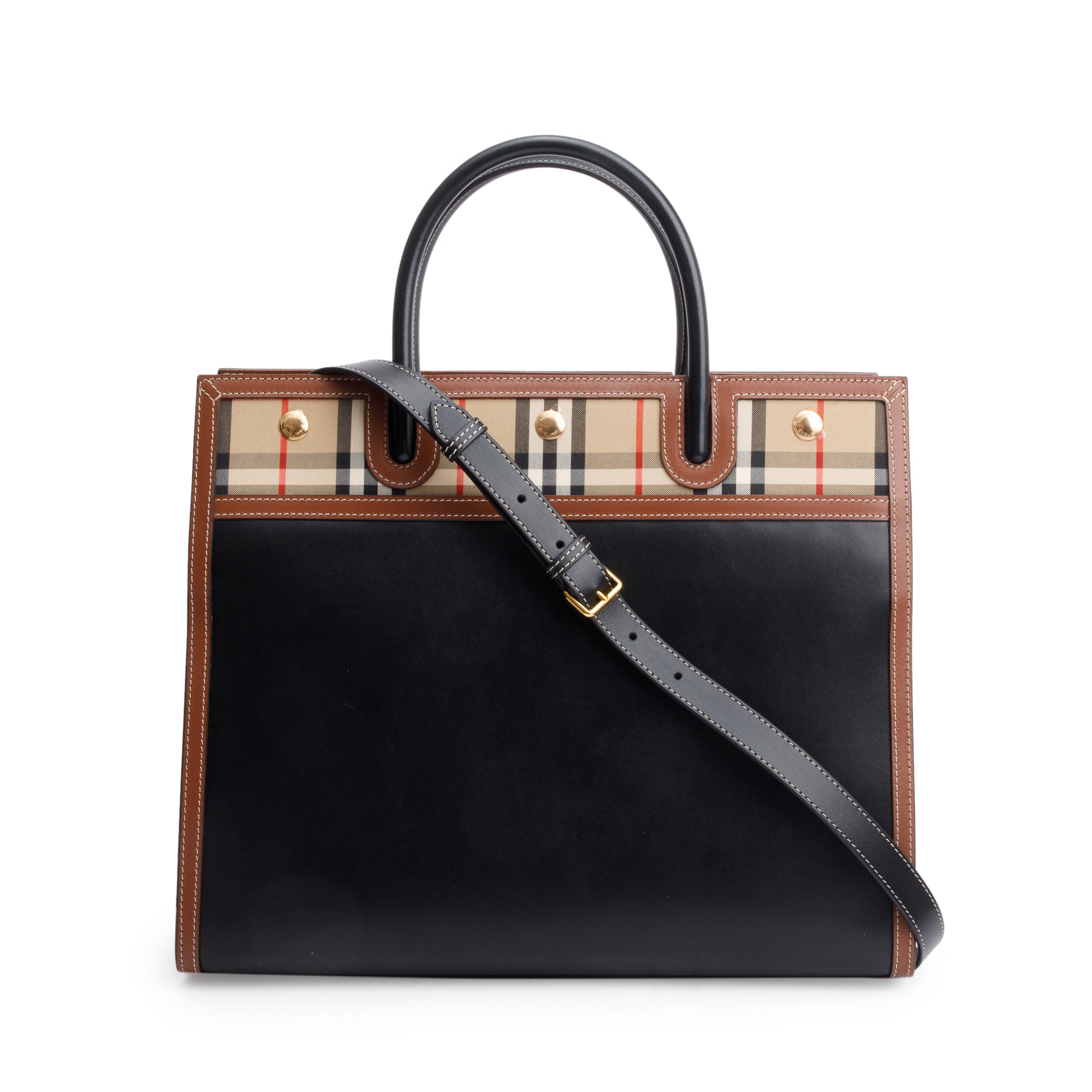 Burberry Black/Brown Calfskin Leather Vintage Check Trim Medium Two Handle Title Tote w/ Strap
