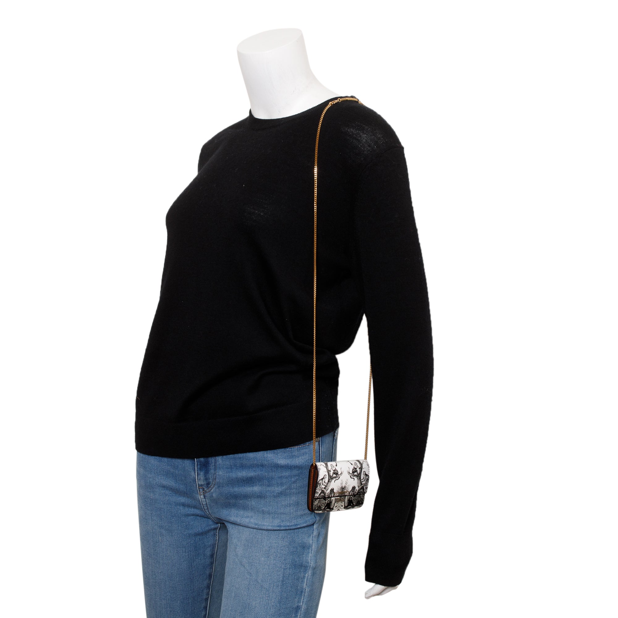 Burberry Black/White Monkey Print Leather Card Case On Chain w/ Box