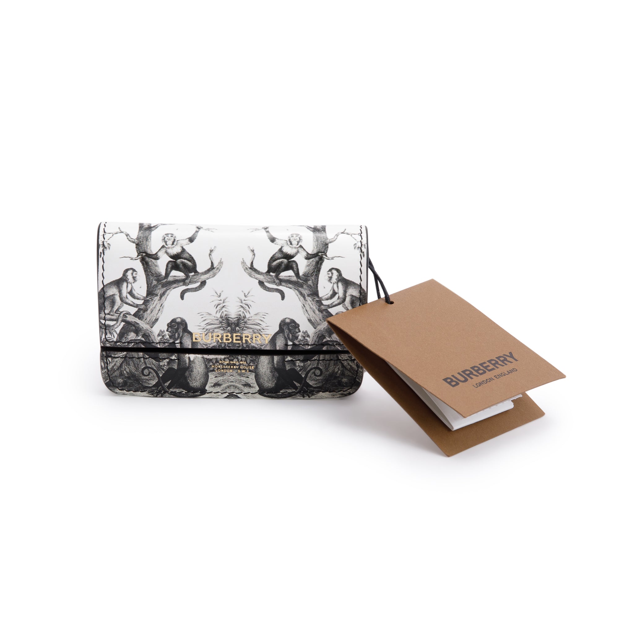 Burberry Black/White Monkey Print Leather Card Case On Chain w/ Box