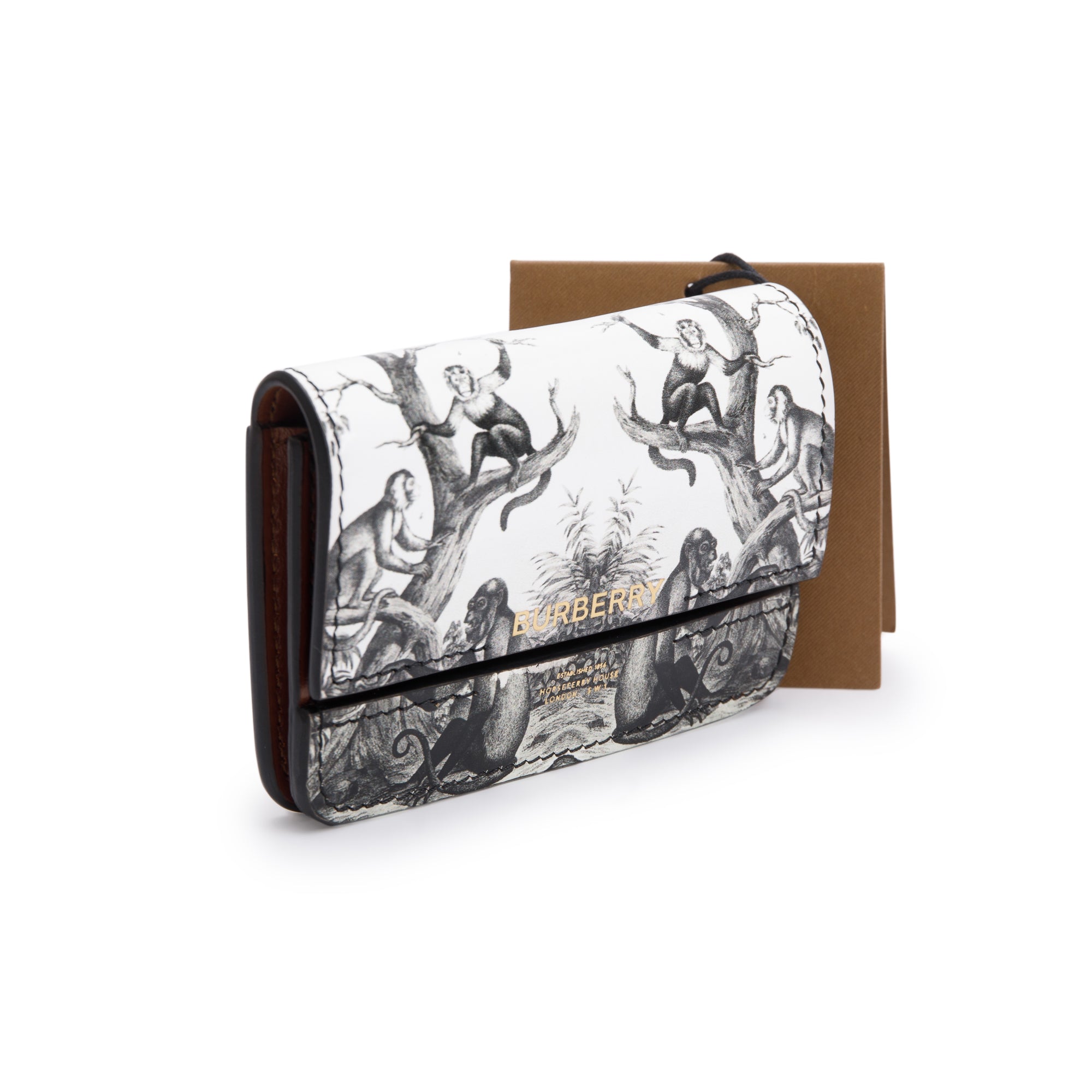 Burberry Black/White Monkey Print Leather Card Case On Chain w/ Box