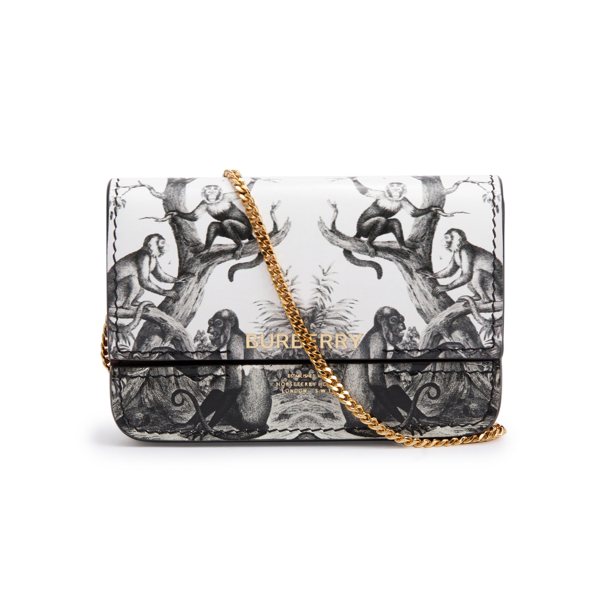 Burberry Black/White Monkey Print Leather Card Case On Chain w/ Box