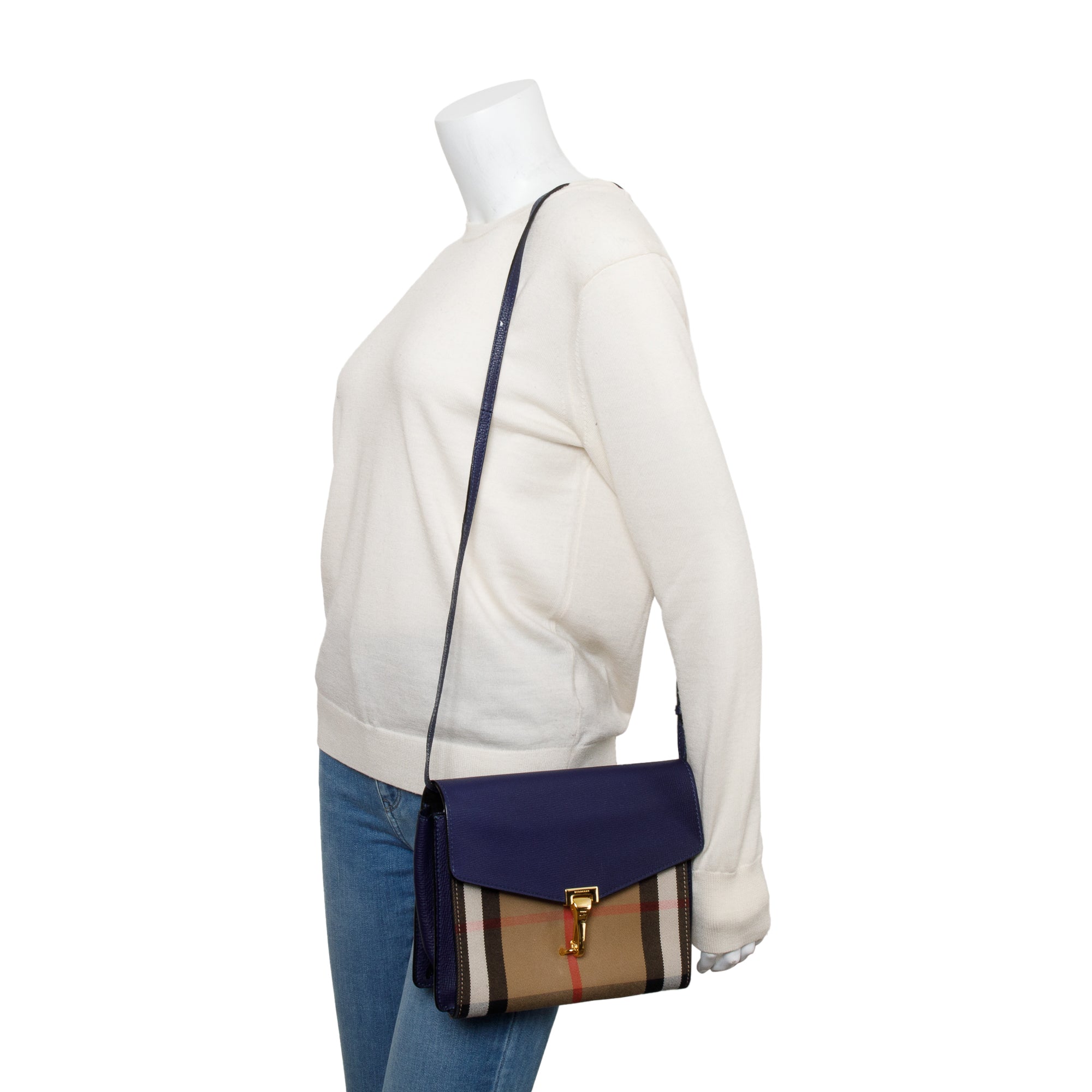 Burberry Blue Calfskin House Check Macken Crossbody Bag