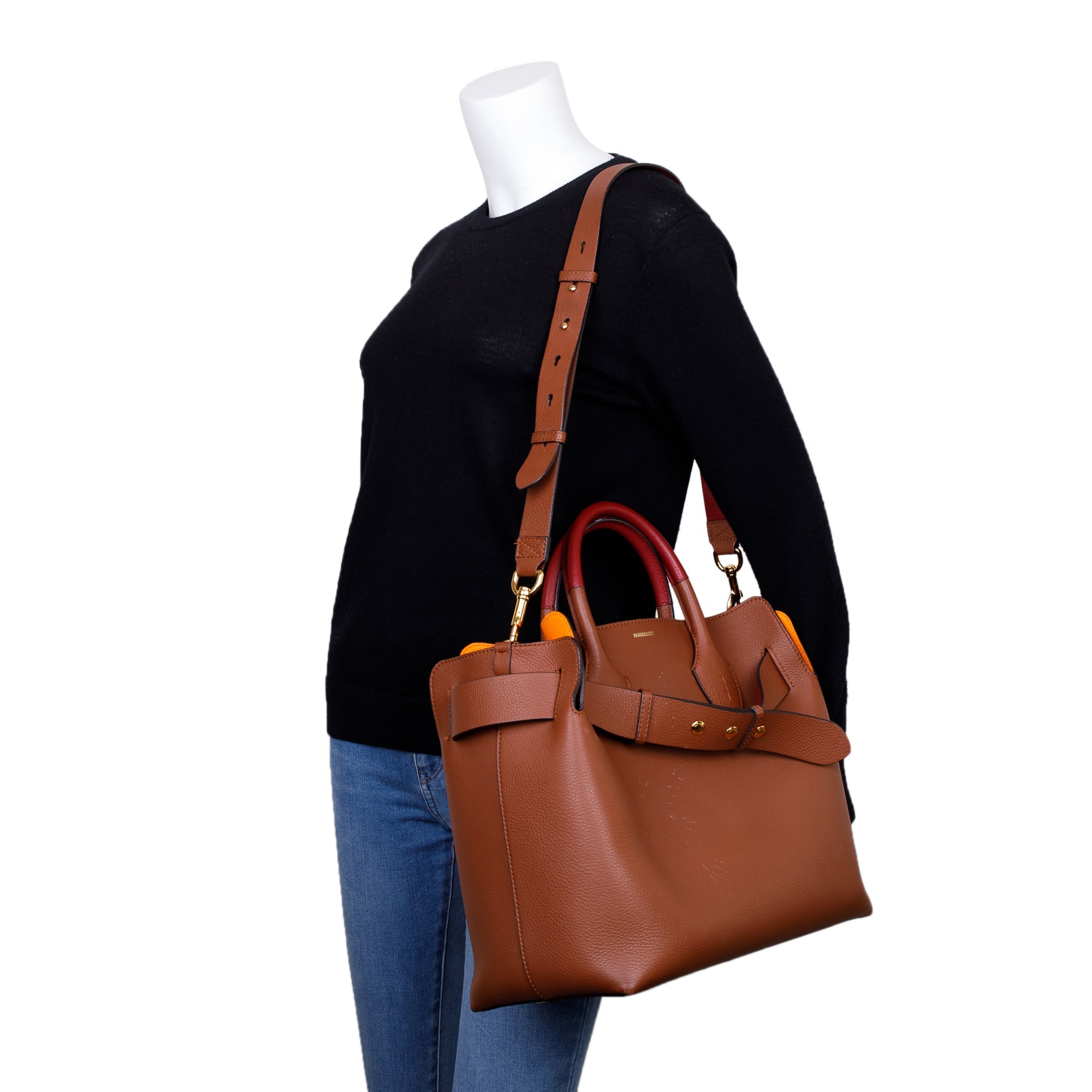 Burberry Brown Grained Calfskin Leather Medium Belt Tote Bag w/ Strap