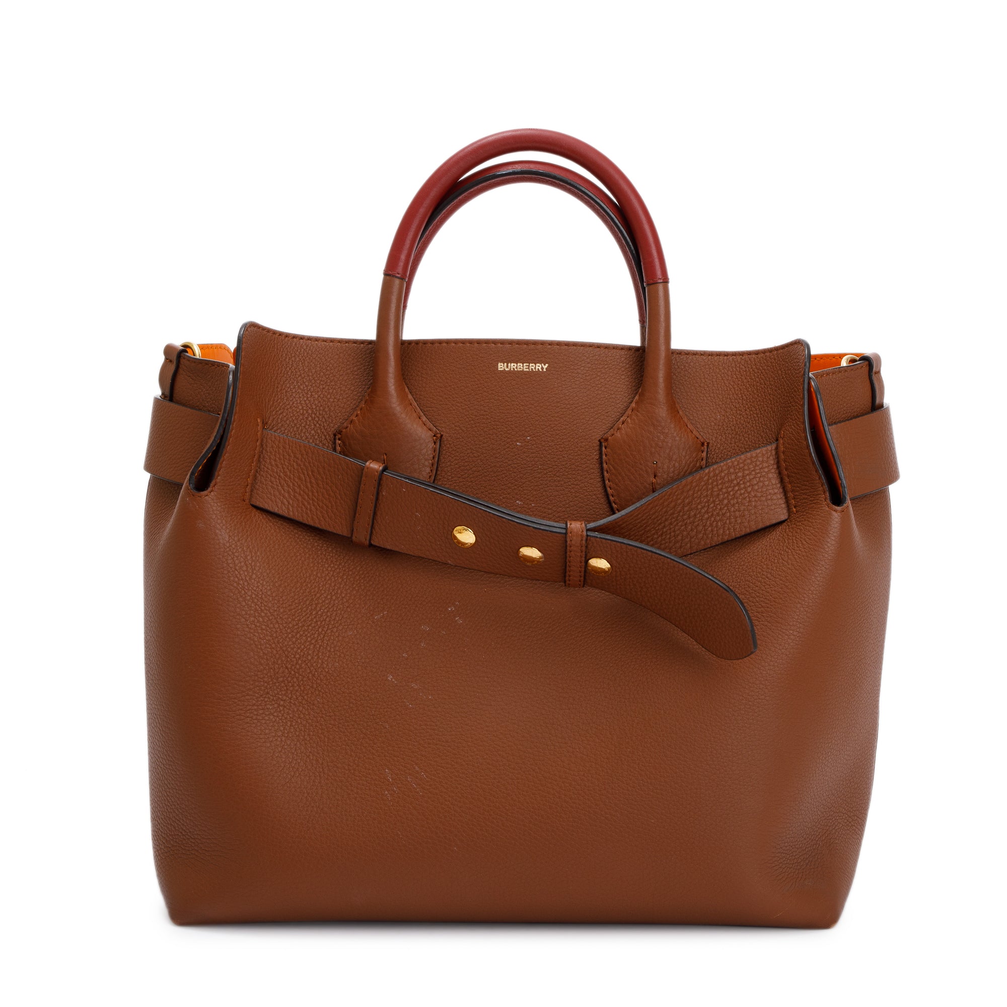 Burberry Brown Grained Calfskin Leather Medium Belt Tote Bag w/ Strap