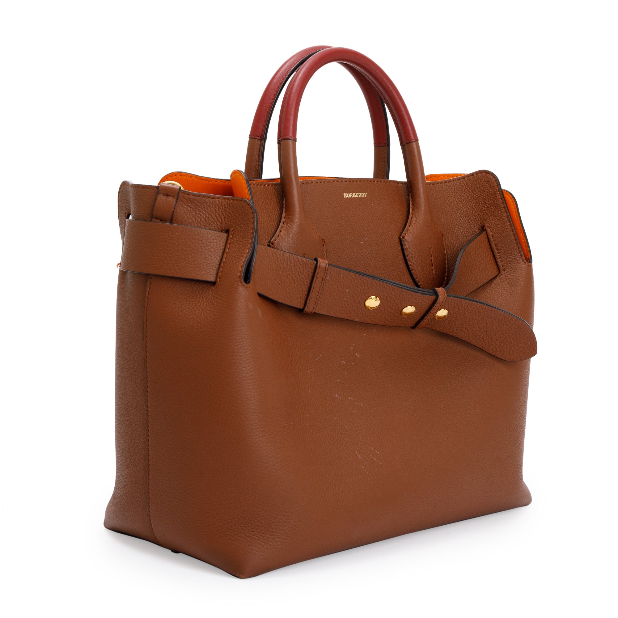 Burberry Brown Grained Calfskin Leather Medium Belt Tote Bag w/ Strap