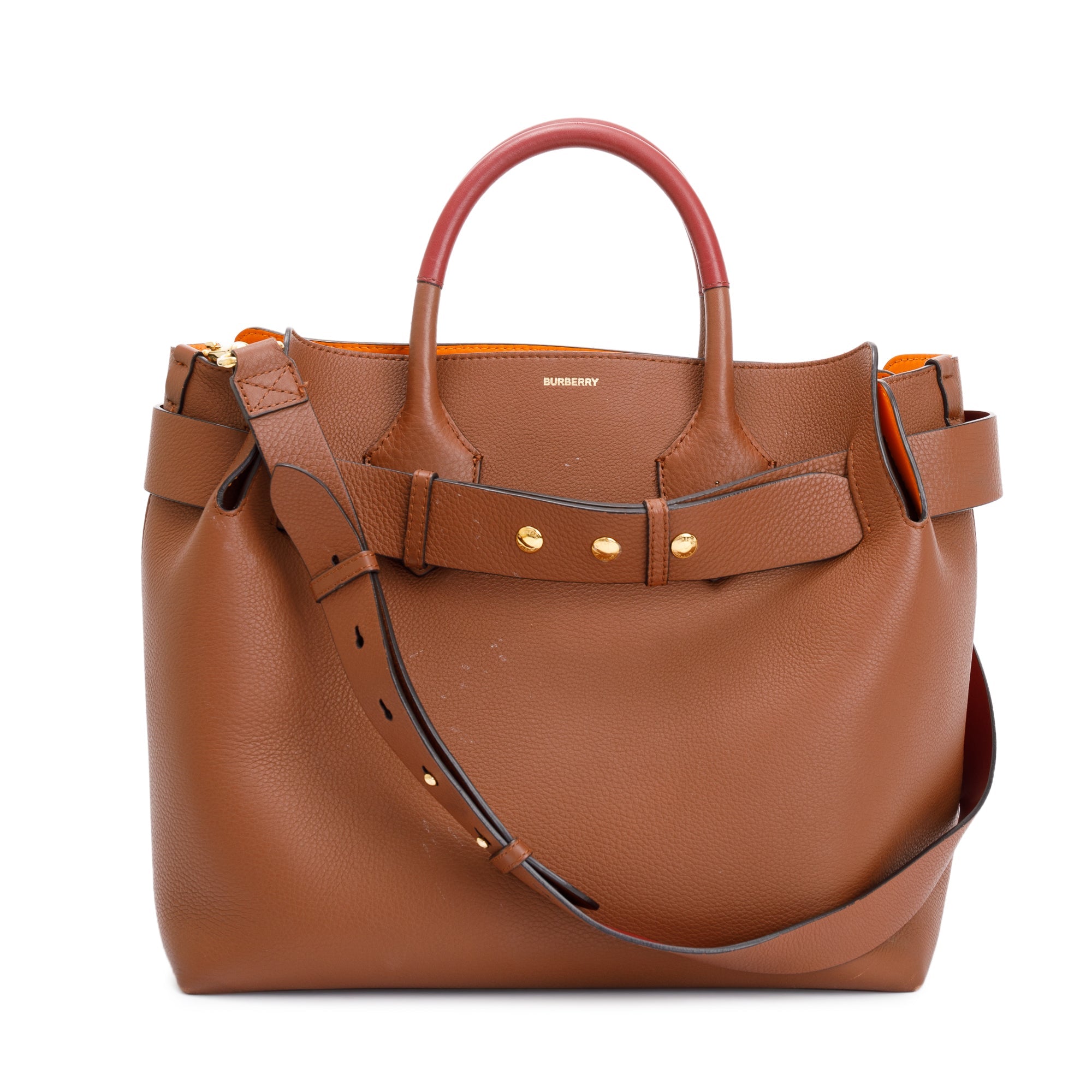 Burberry Brown Grained Calfskin Leather Medium Belt Tote Bag w/ Strap