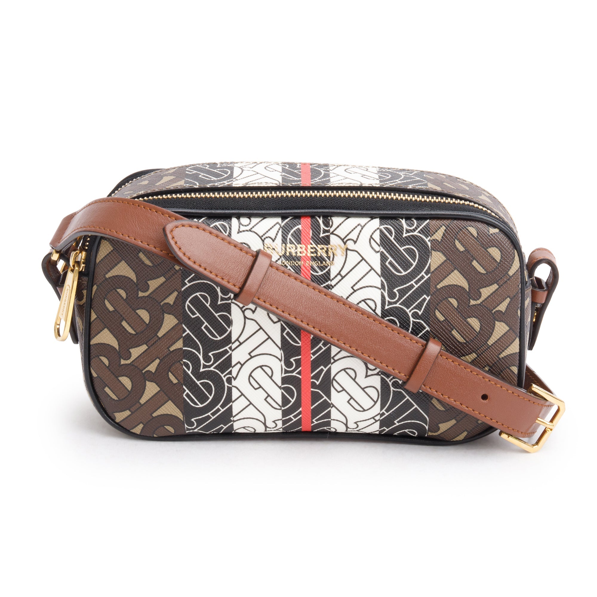 Burberry Brown TB Monogram Stripe E-Canvas Blue Micro Camera Crossbody Bag