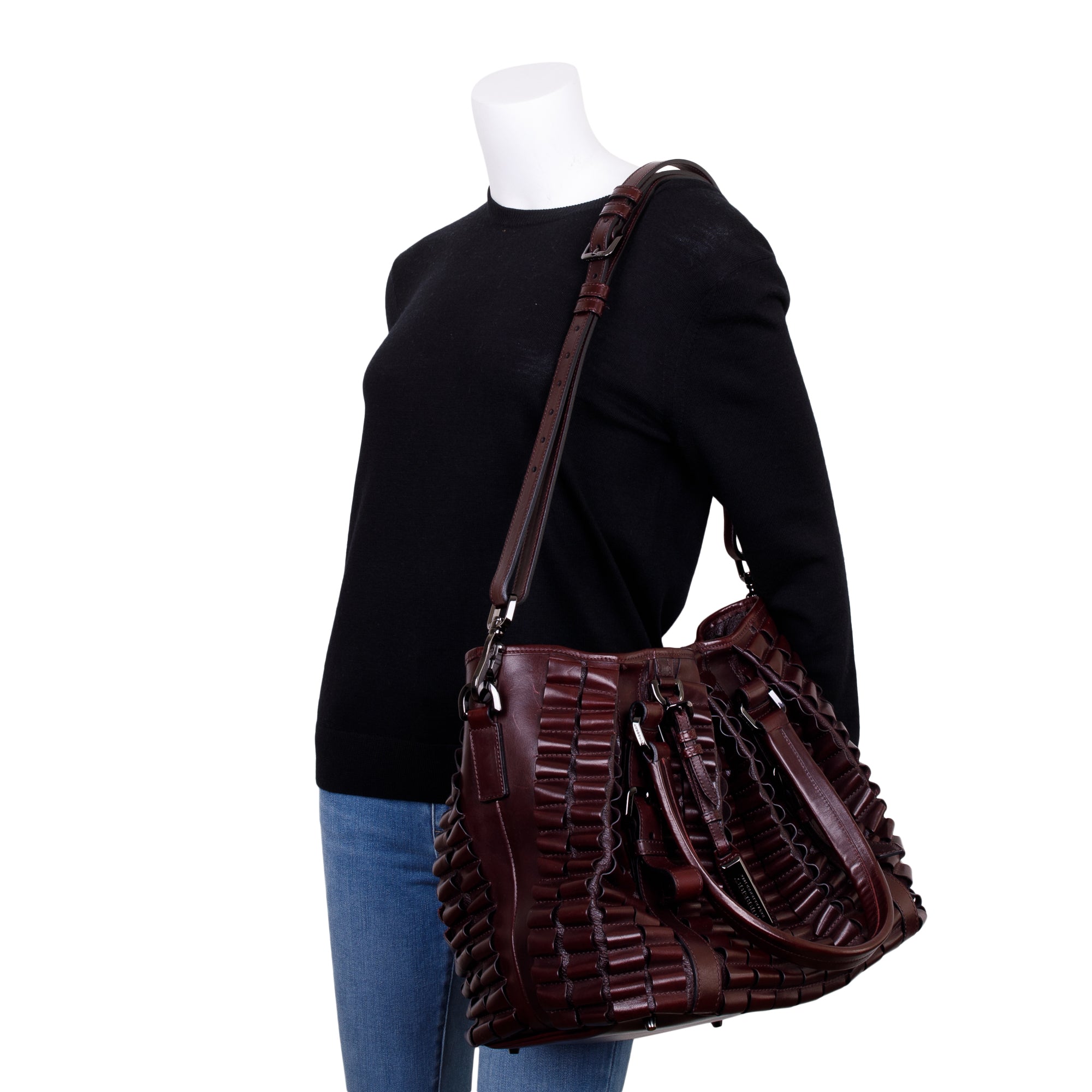 Burberry Burgundy Calfskin Leather Cartridge Pleated Lowry Tote w/ Strap