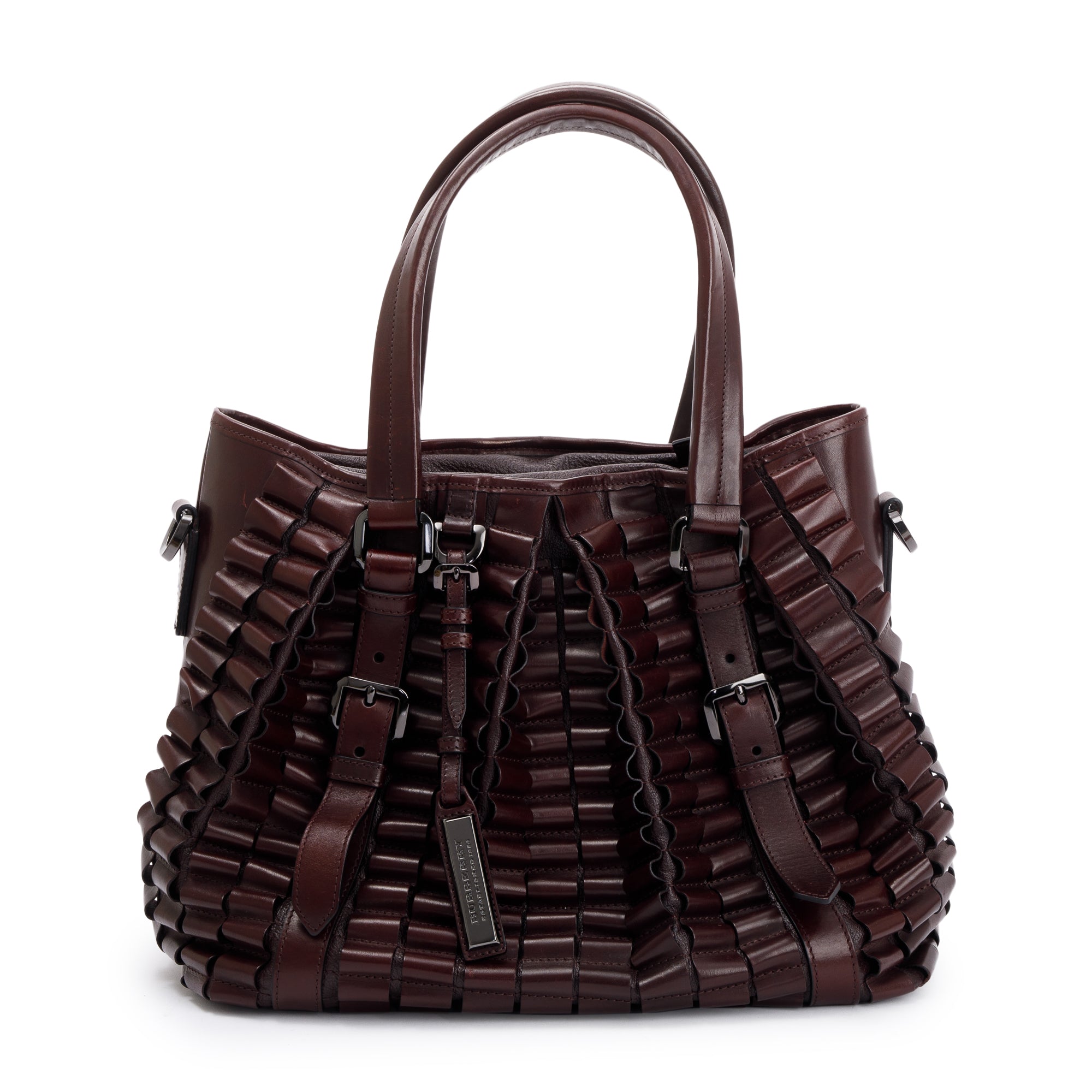 Burberry Burgundy Calfskin Leather Cartridge Pleated Lowry Tote w/ Strap