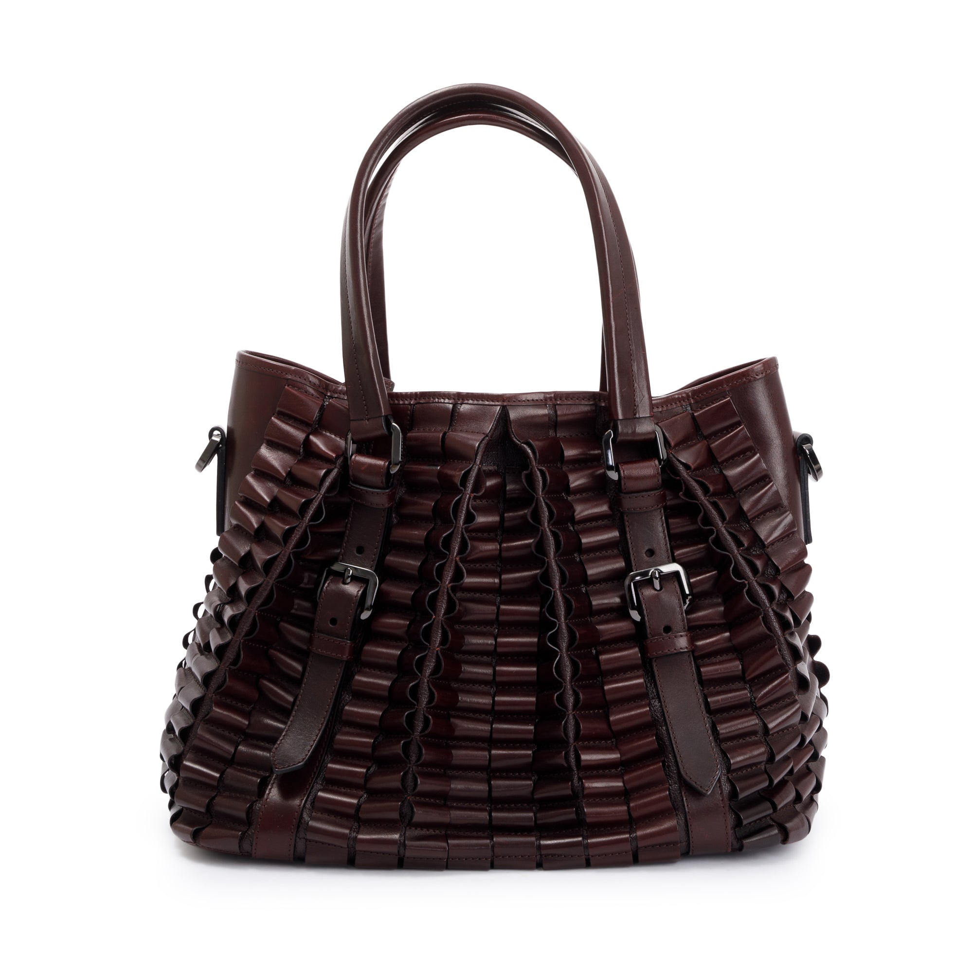 Burberry Burgundy Calfskin Leather Cartridge Pleated Lowry Tote w/ Strap