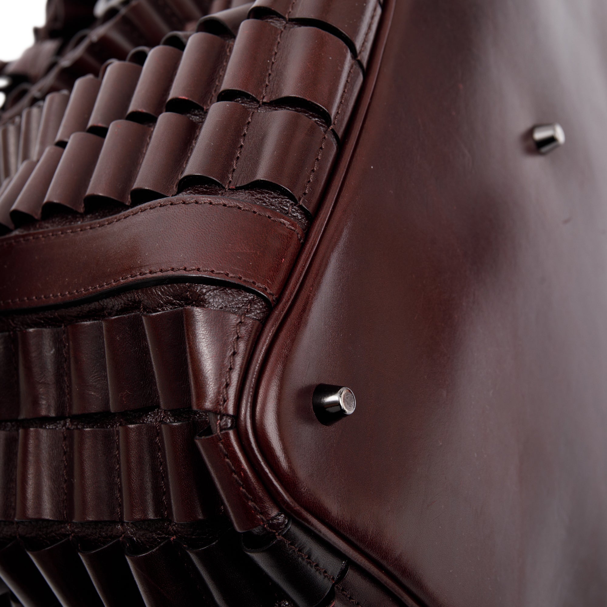 Burberry Burgundy Calfskin Leather Cartridge Pleated Lowry Tote w/ Strap