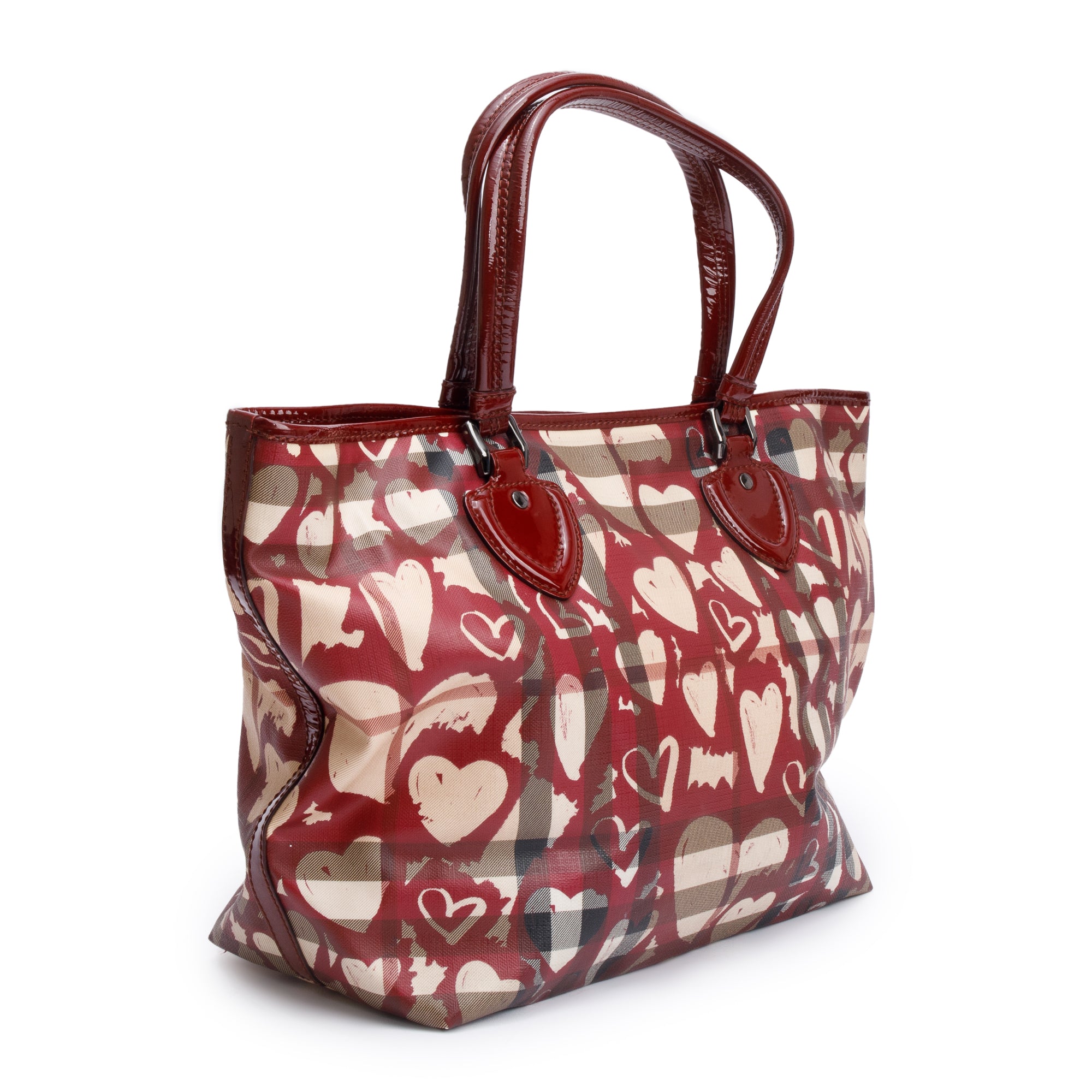 Burberry Burgundy Patent Heart Print Supernova Coated Canvas Nickie Tote Bag